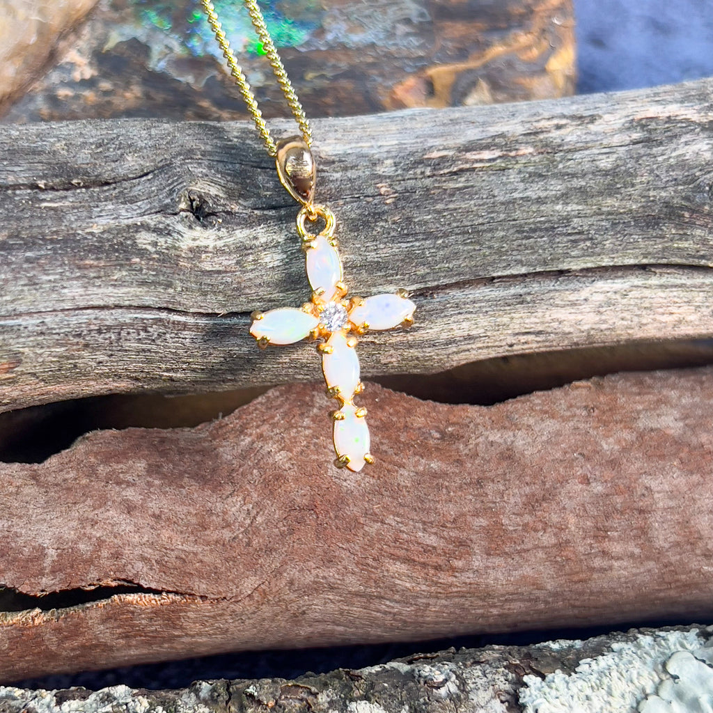 Sterling Silver Gold plated White Opal cross pendant - Masterpiece Jewellery Opal & Gems Sydney Australia | Online Shop