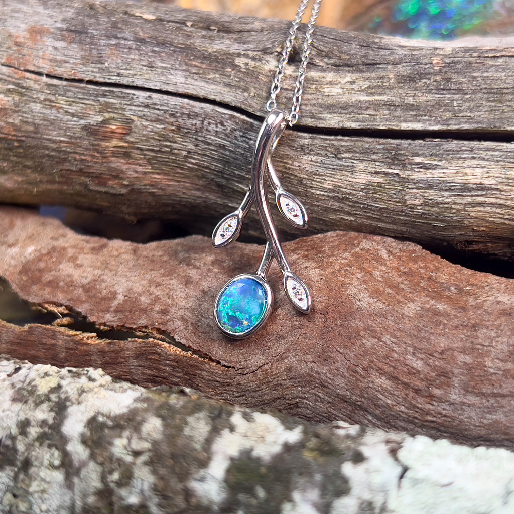 Sterling Silver Blue Opal doublet leaf pattern pendant - Masterpiece Jewellery Opal & Gems Sydney Australia | Online Shop