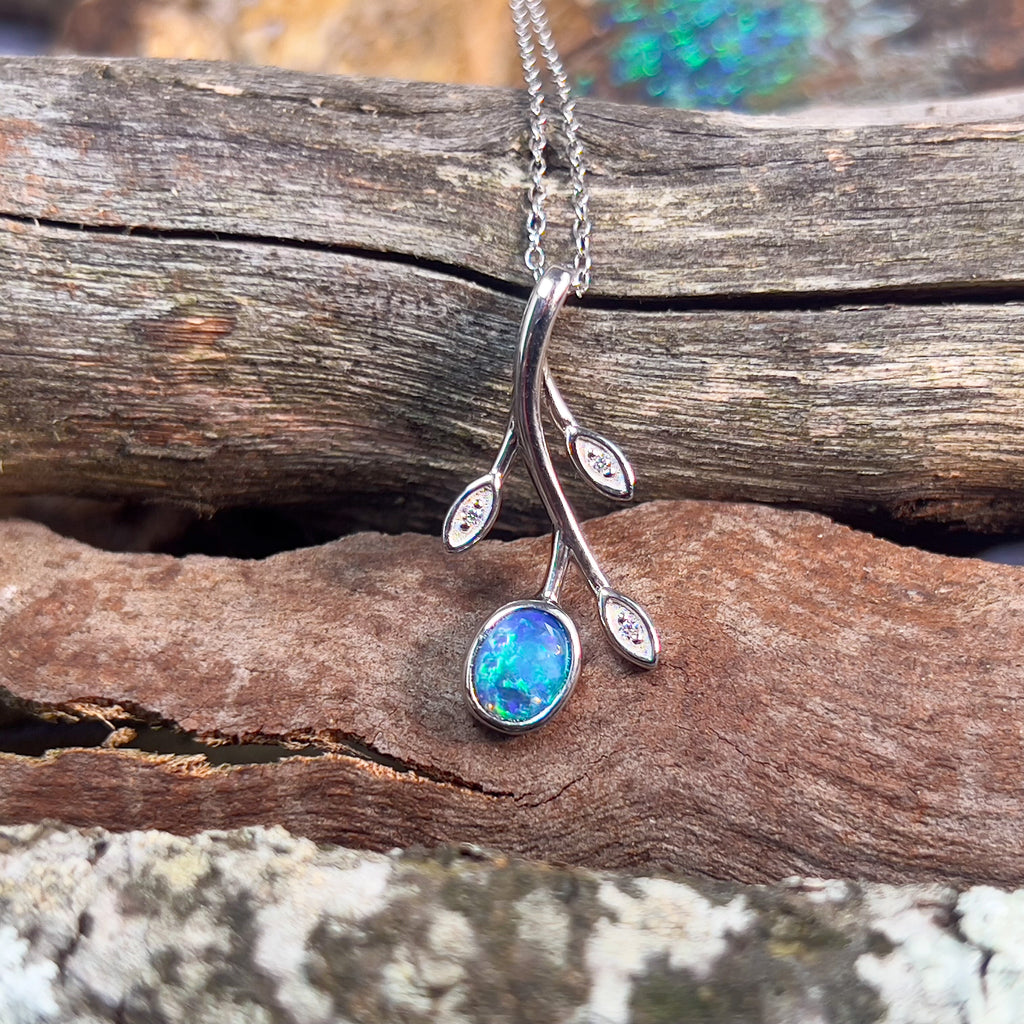 Sterling Silver Blue Opal doublet leaf pattern pendant - Masterpiece Jewellery Opal & Gems Sydney Australia | Online Shop