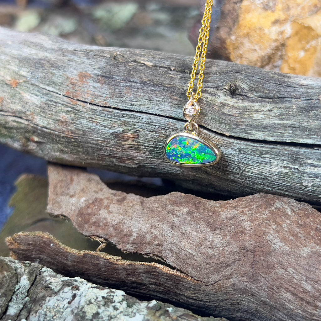 9kt Yellow Gold bezel set Opal doublet and diamond pendant - Masterpiece Jewellery Opal & Gems Sydney Australia | Online Shop