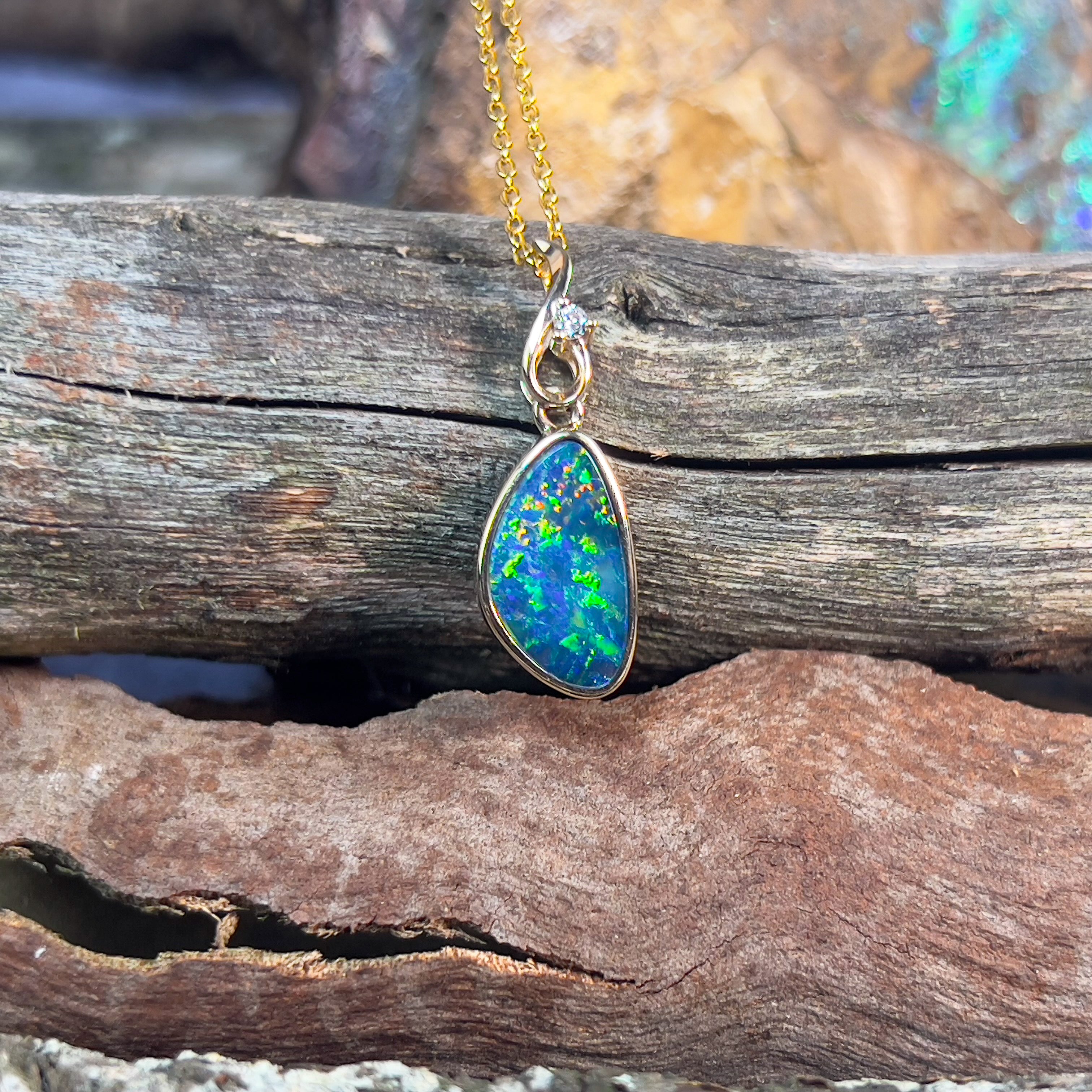 9kt Yellow Gold Opal doublet and Diamond pendant - Masterpiece Jewellery Opal & Gems Sydney Australia | Online Shop