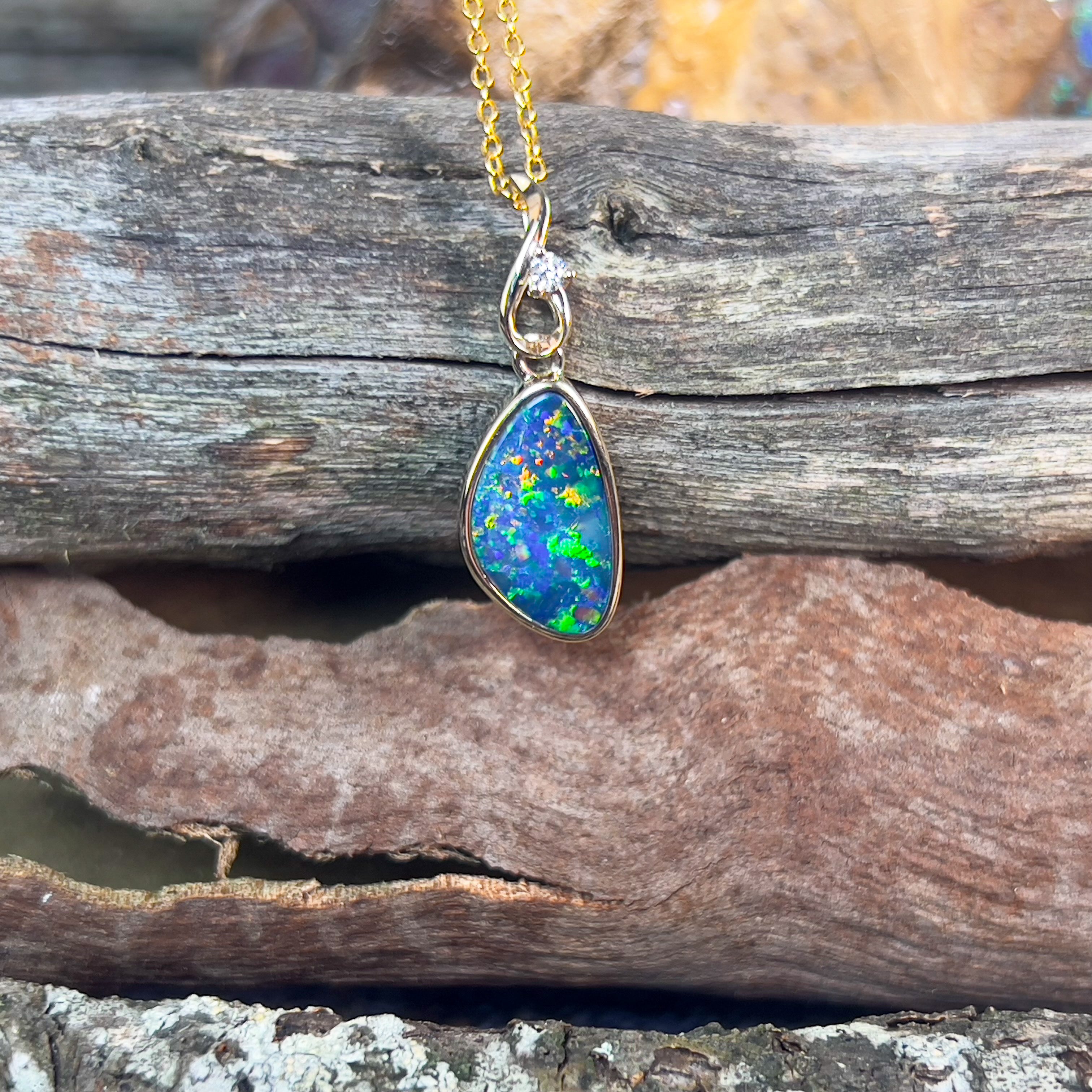 9kt Yellow Gold Opal doublet and Diamond pendant - Masterpiece Jewellery Opal & Gems Sydney Australia | Online Shop