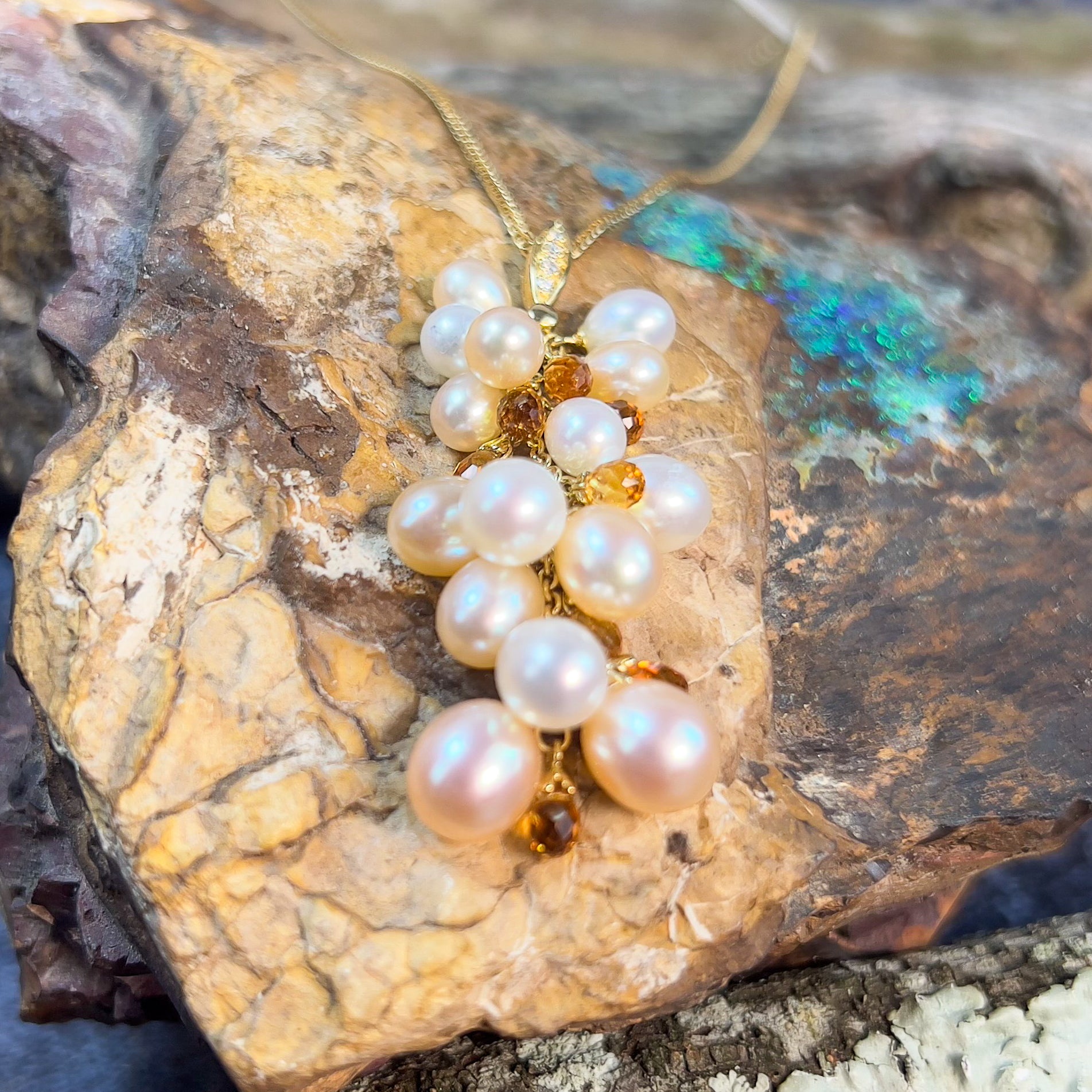 18kt Yellow Gold 15 Pearl , Citrine and diamond necklace - Masterpiece Jewellery Opal & Gems Sydney Australia | Online Shop