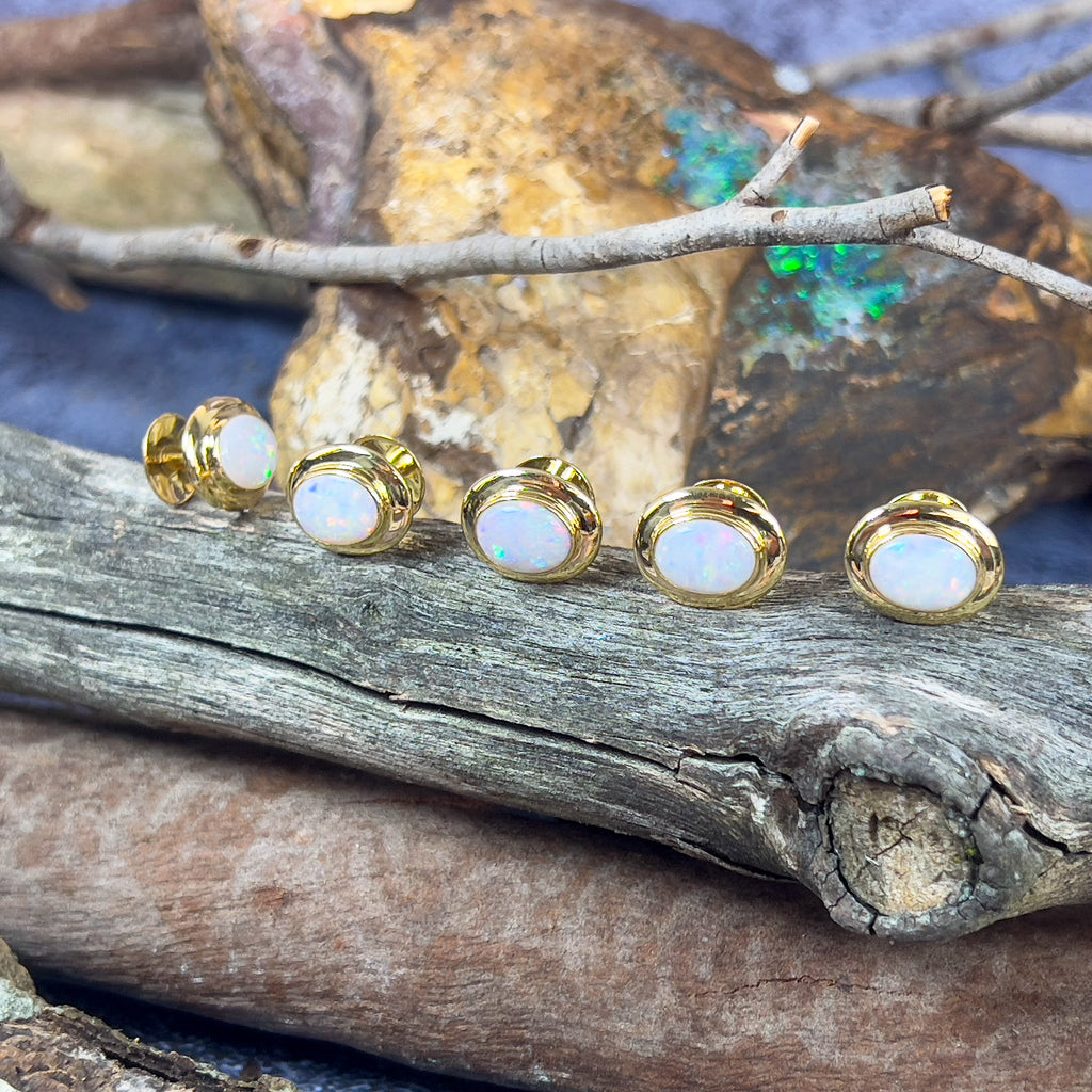 Five 18kt Yellow Gold shirt studs with White Opals - Masterpiece Jewellery Opal & Gems Sydney Australia | Online Shop