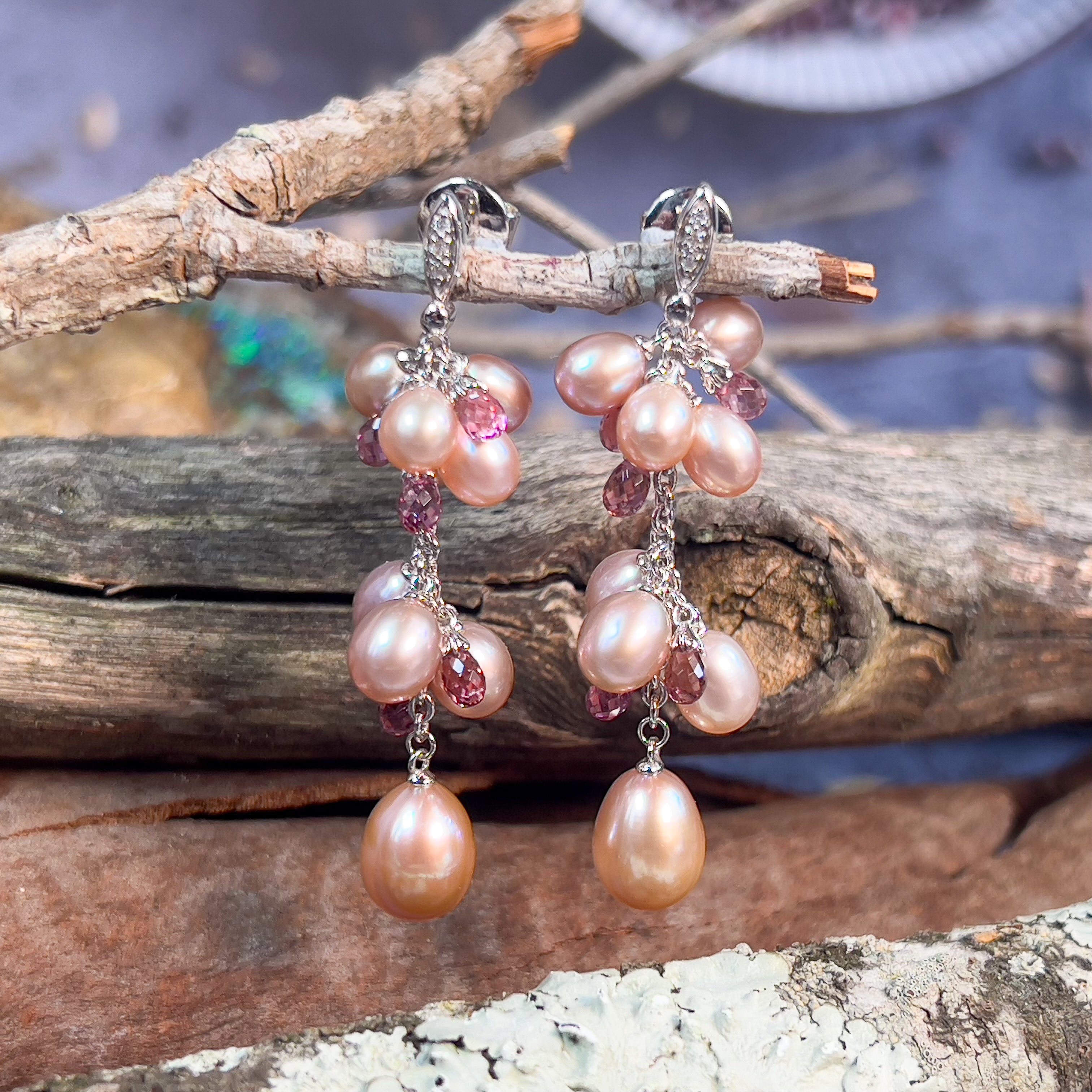 18kt White Gold Pearl, Diamond, Pink Sapphire dangling earrings - Masterpiece Jewellery Opal & Gems Sydney Australia | Online Shop