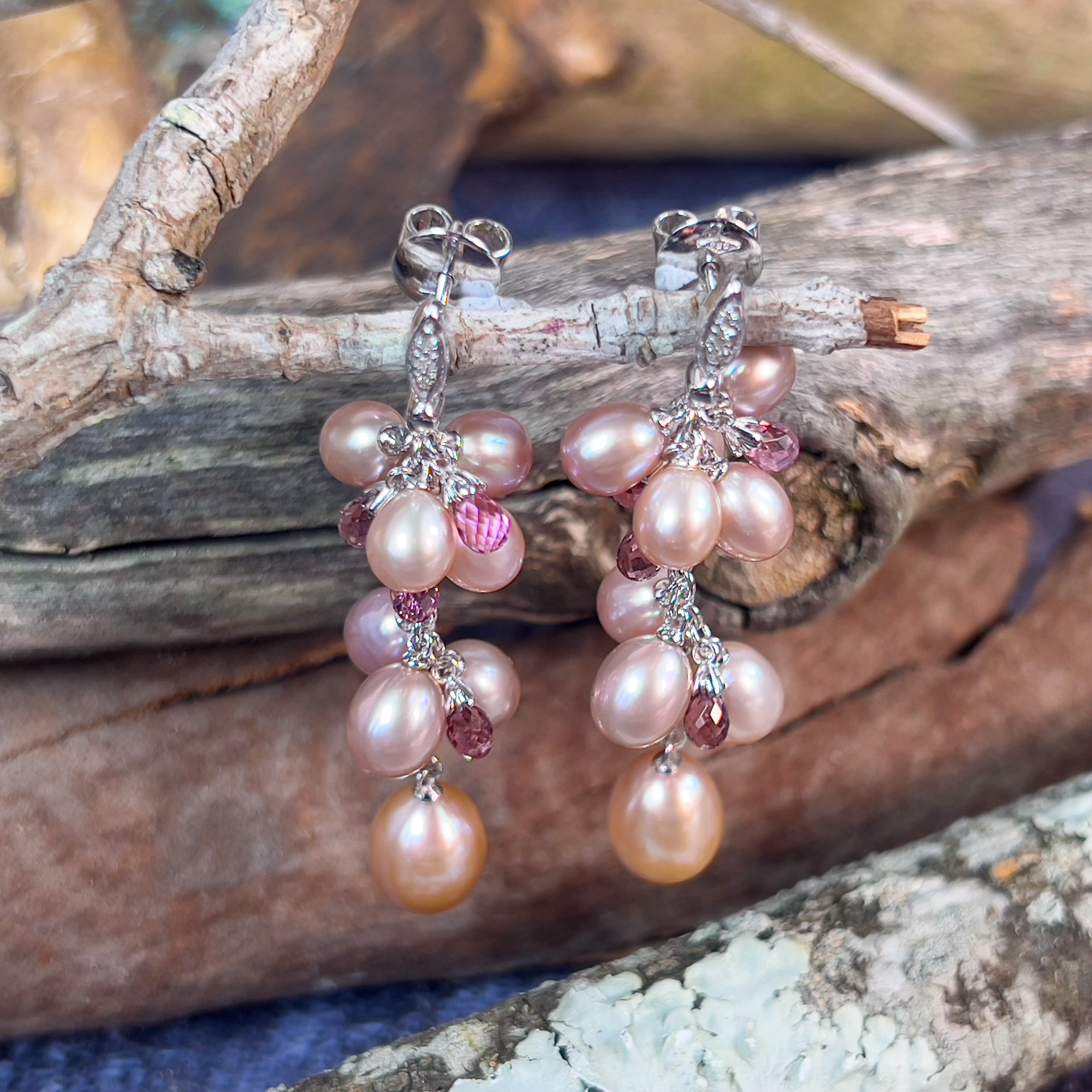 18kt White Gold Pearl, Diamond, Pink Sapphire dangling earrings - Masterpiece Jewellery Opal & Gems Sydney Australia | Online Shop