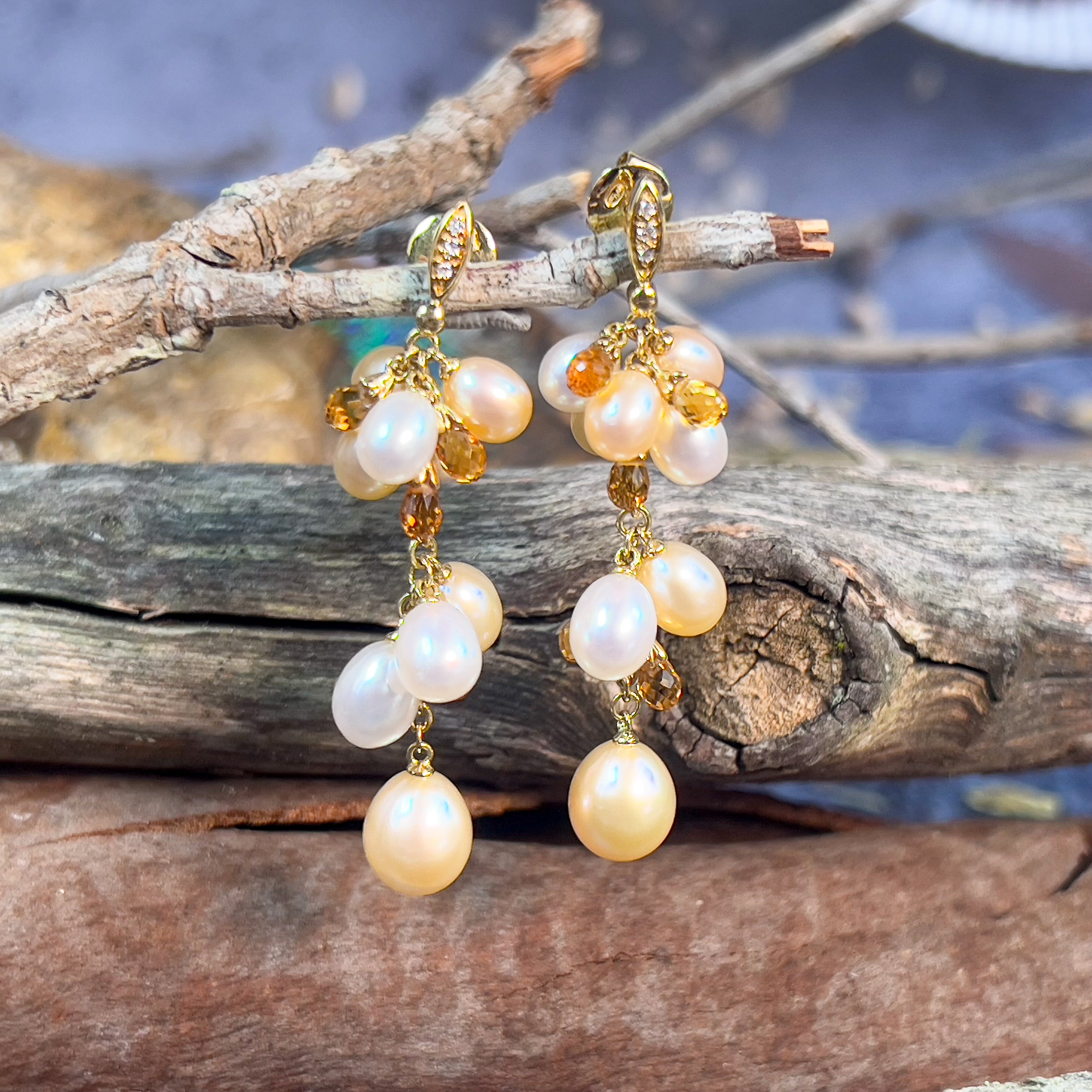 18kt Yellow Gold dangling Pearl, Diamond and Citrine earrings - Masterpiece Jewellery Opal & Gems Sydney Australia | Online Shop