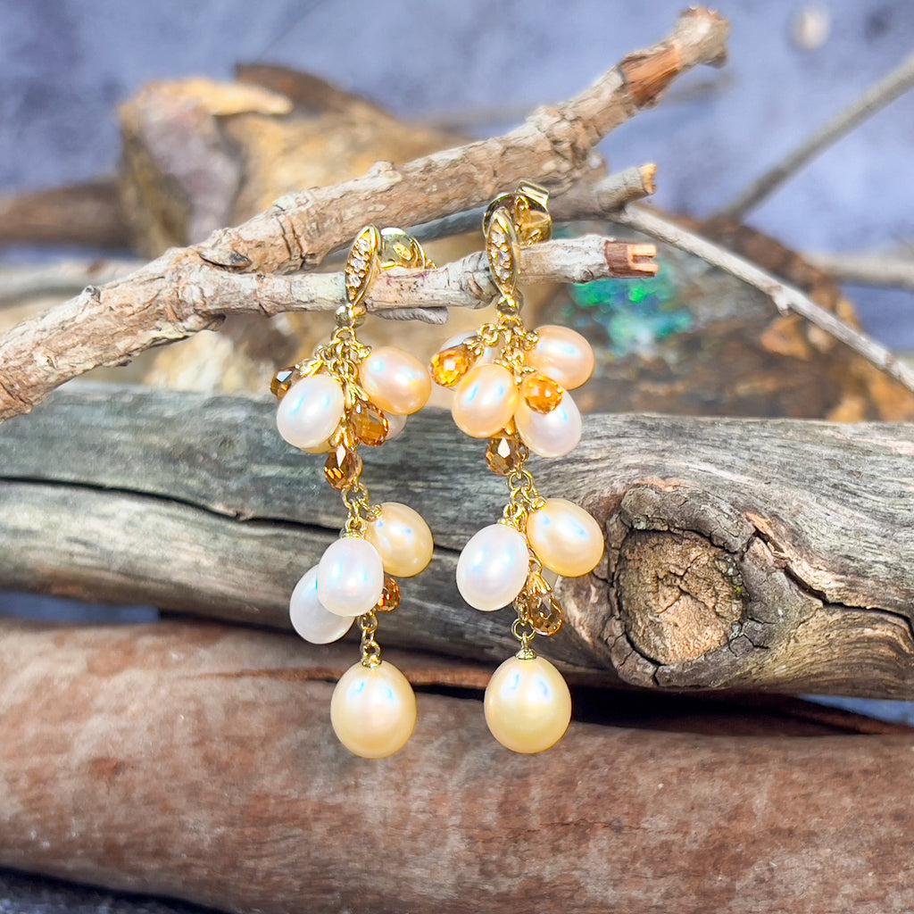 18kt Yellow Gold dangling Pearl, Diamond and Citrine earrings - Masterpiece Jewellery Opal & Gems Sydney Australia | Online Shop