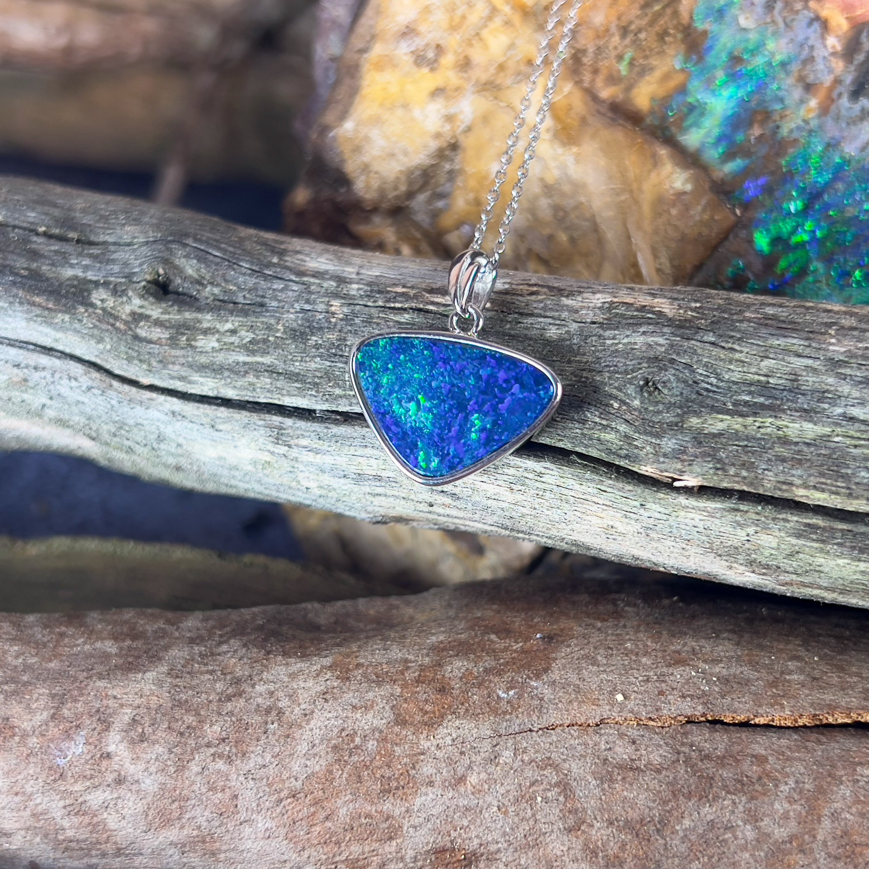 Sterling Silver Blue Green triangle opal doublet 17x13mm pendant - Masterpiece Jewellery Opal & Gems Sydney Australia | Online Shop