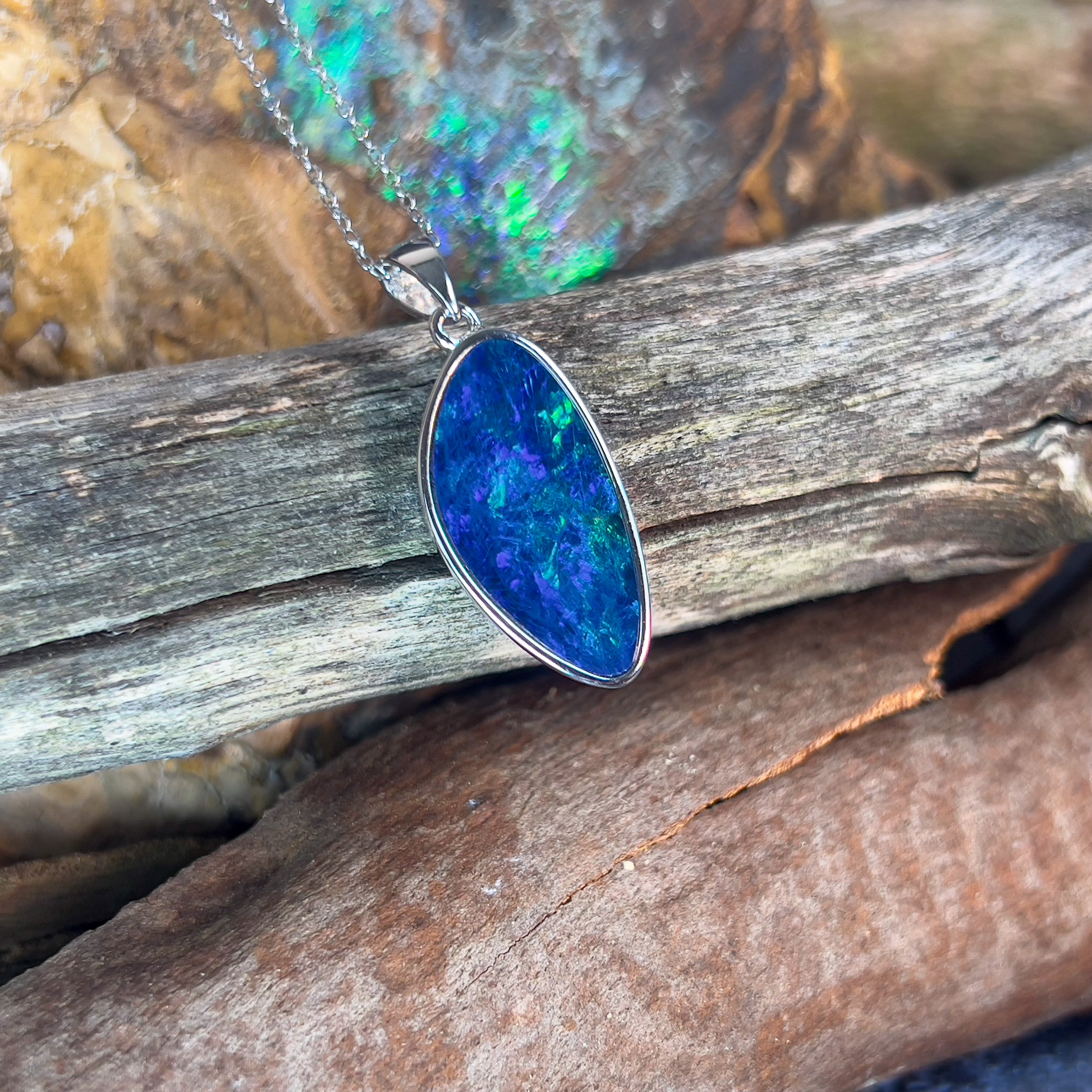 Sterling Silver Blue Opal doublet 23x11mm pendant - Masterpiece Jewellery Opal & Gems Sydney Australia | Online Shop