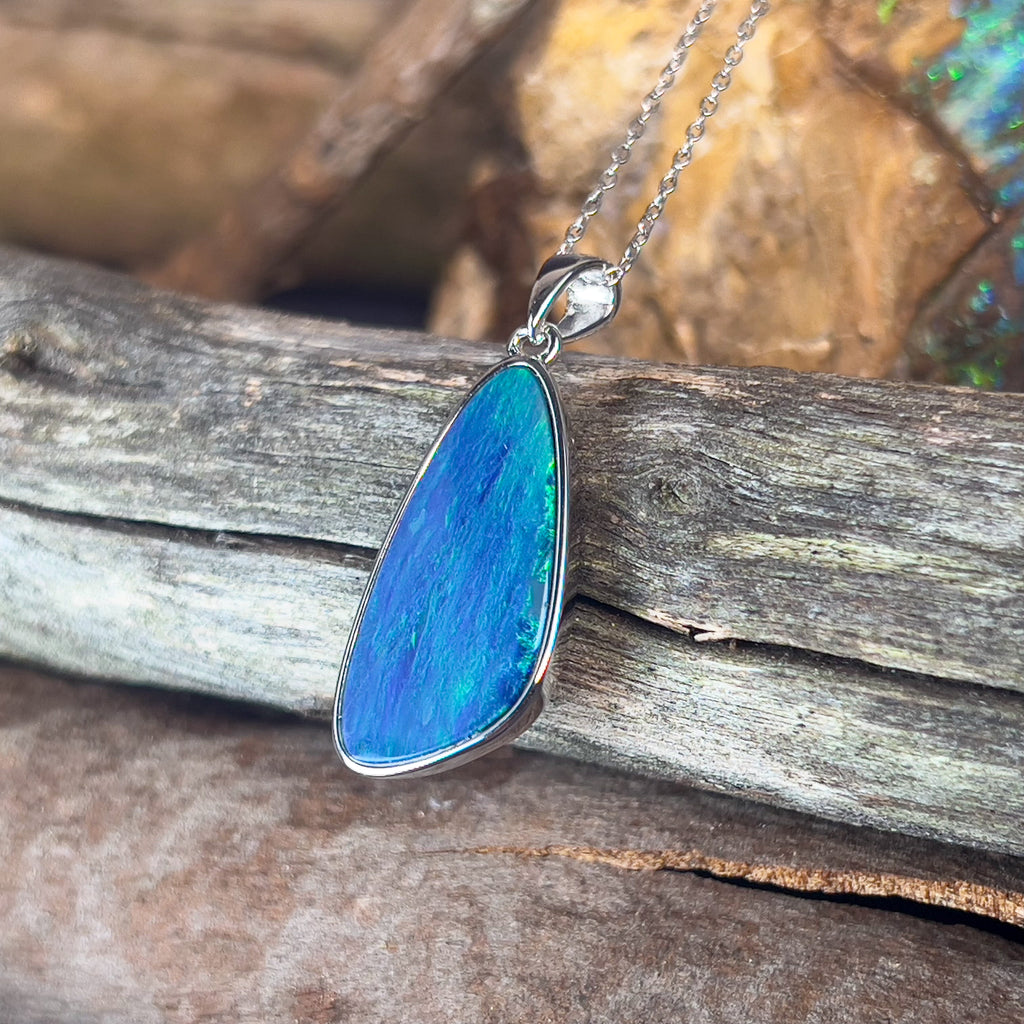 Sterling Silver long shape Blue Green Opal doublet - Masterpiece Jewellery Opal & Gems Sydney Australia | Online Shop