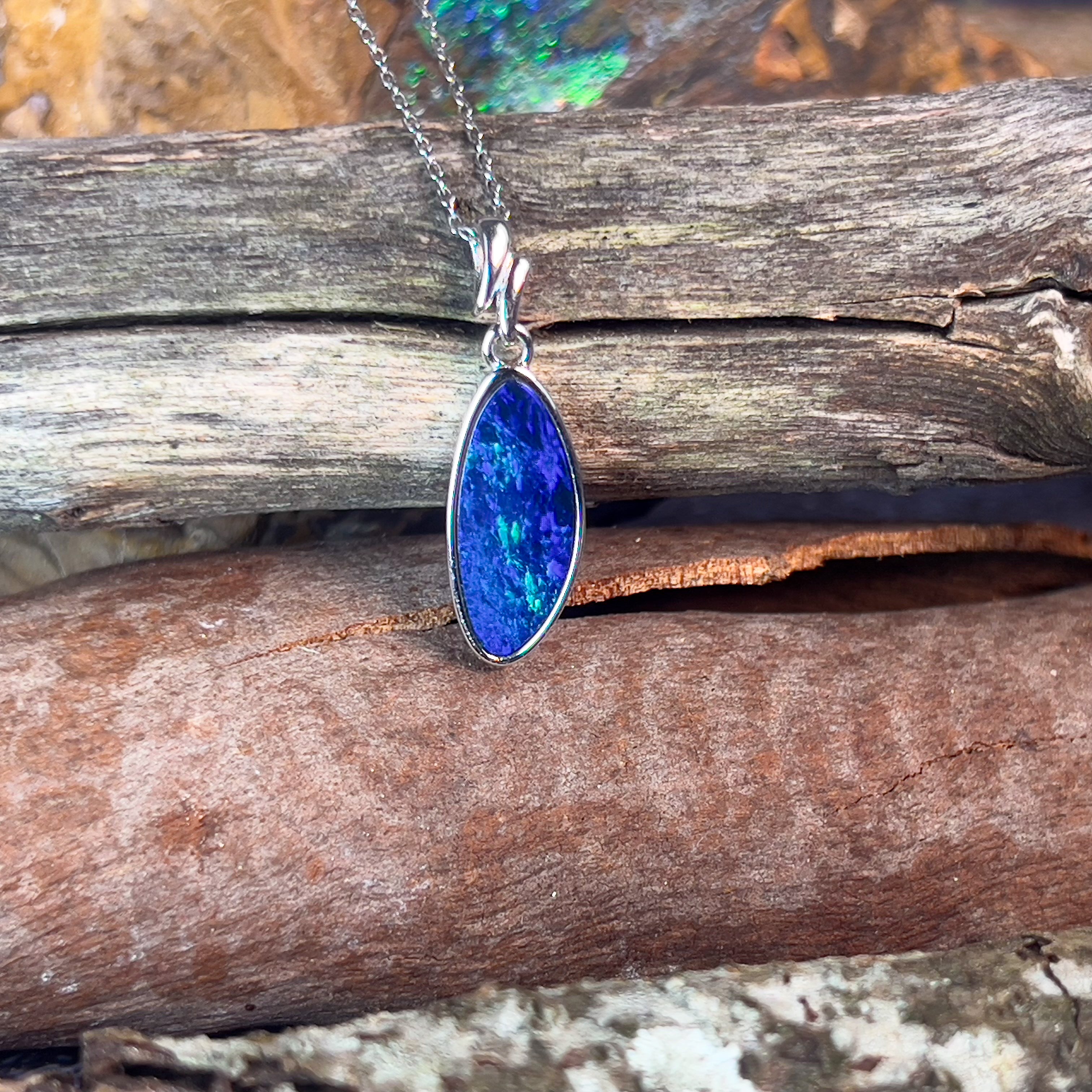 Sterling Silver Blue Opal doublet long pendant - Masterpiece Jewellery Opal & Gems Sydney Australia | Online Shop
