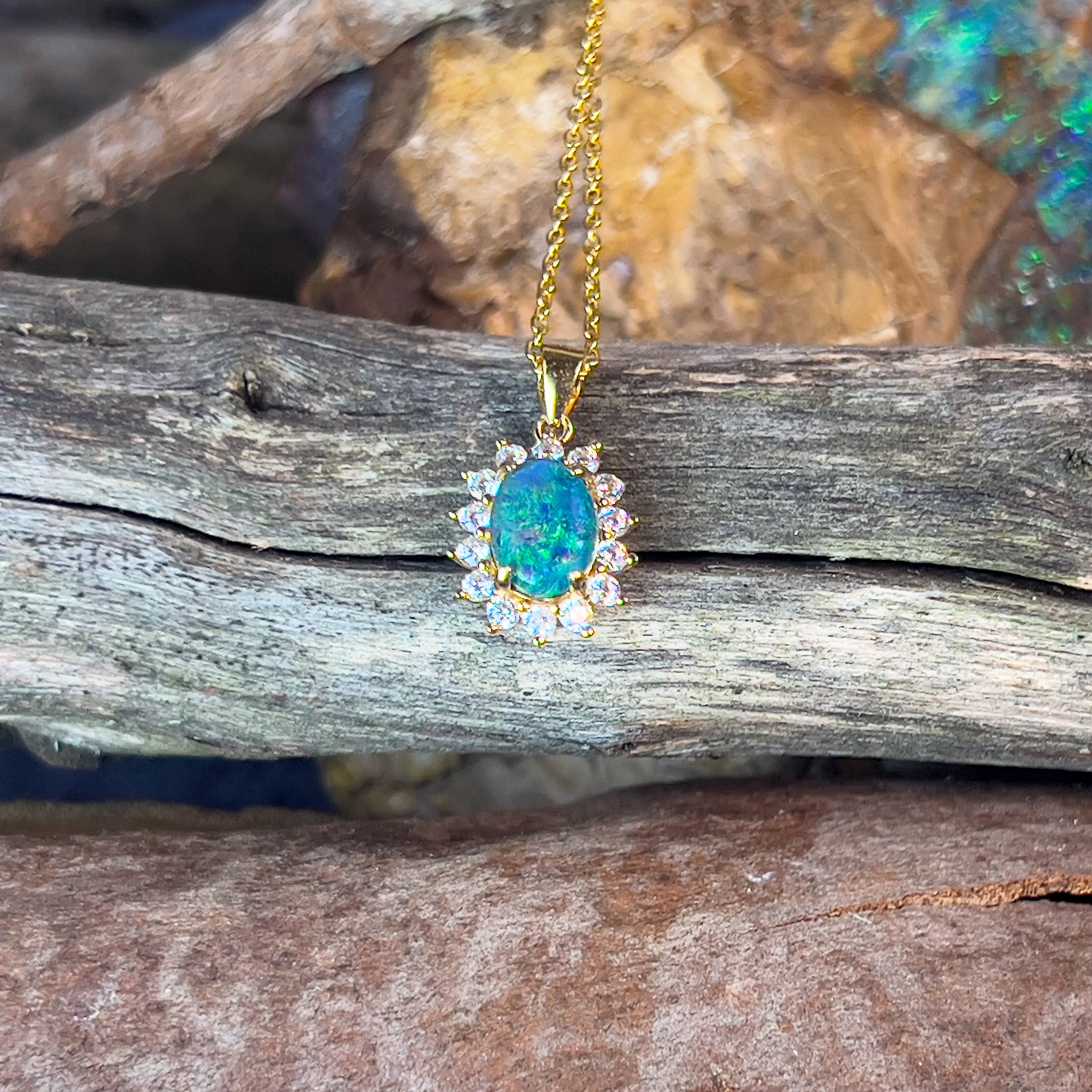 Silver Gold plated cluster pendant 8x6mm Opal triplet - Masterpiece Jewellery Opal & Gems Sydney Australia | Online Shop