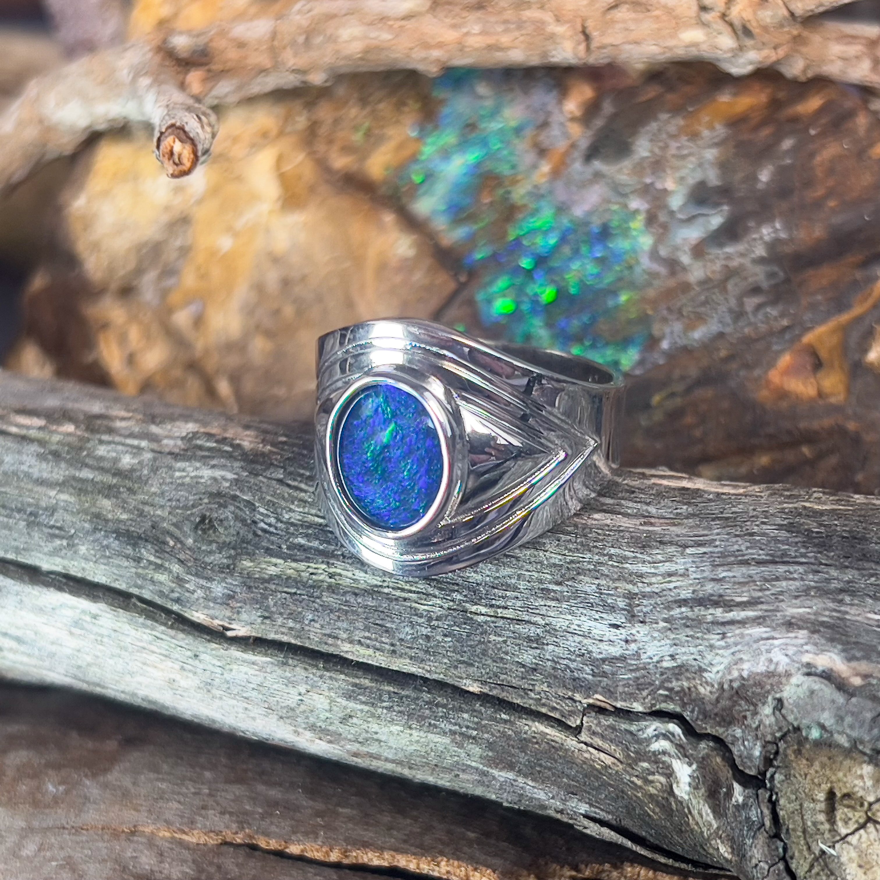 Sterling Silver Gents broad shaped ring with 11x9mm Opal Triplet bezel - Masterpiece Jewellery Opal & Gems Sydney Australia | Online Shop