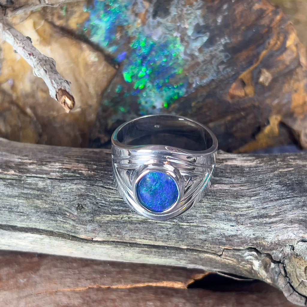 Sterling Silver Gents broad shaped ring with 11x9mm Opal Triplet bezel - Masterpiece Jewellery Opal & Gems Sydney Australia | Online Shop