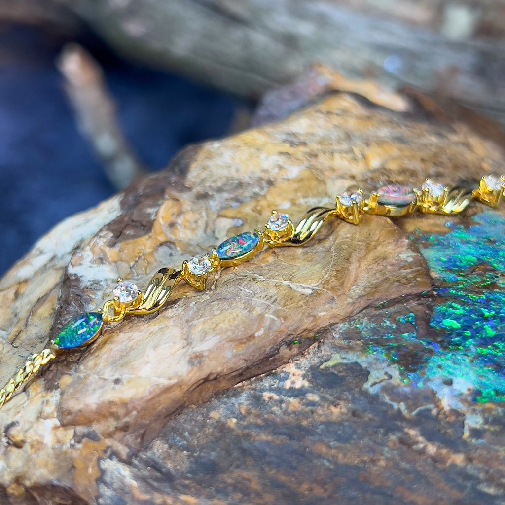 Sterling Silver Gold Plated 6x3mm Opal tripelt and cz bracelet - Masterpiece Jewellery Opal & Gems Sydney Australia | Online Shop