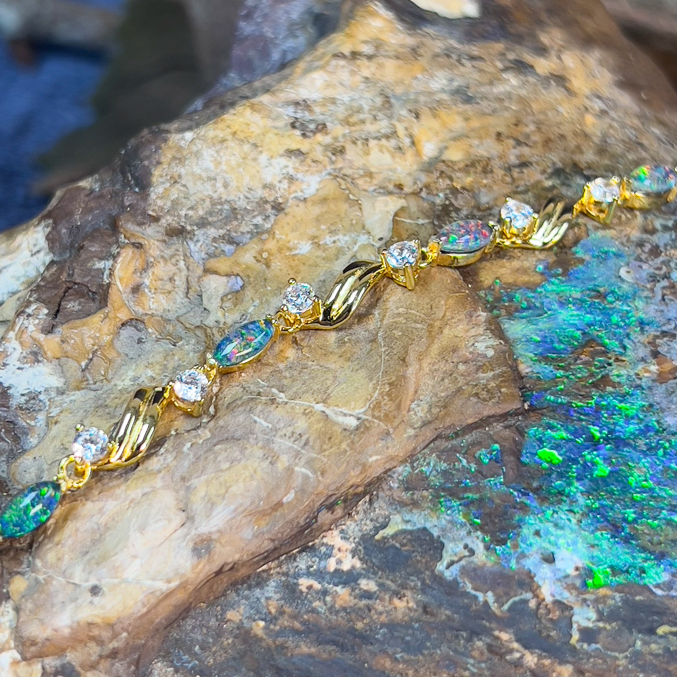 Sterling Silver Gold Plated 6x3mm Opal tripelt and cz bracelet - Masterpiece Jewellery Opal & Gems Sydney Australia | Online Shop