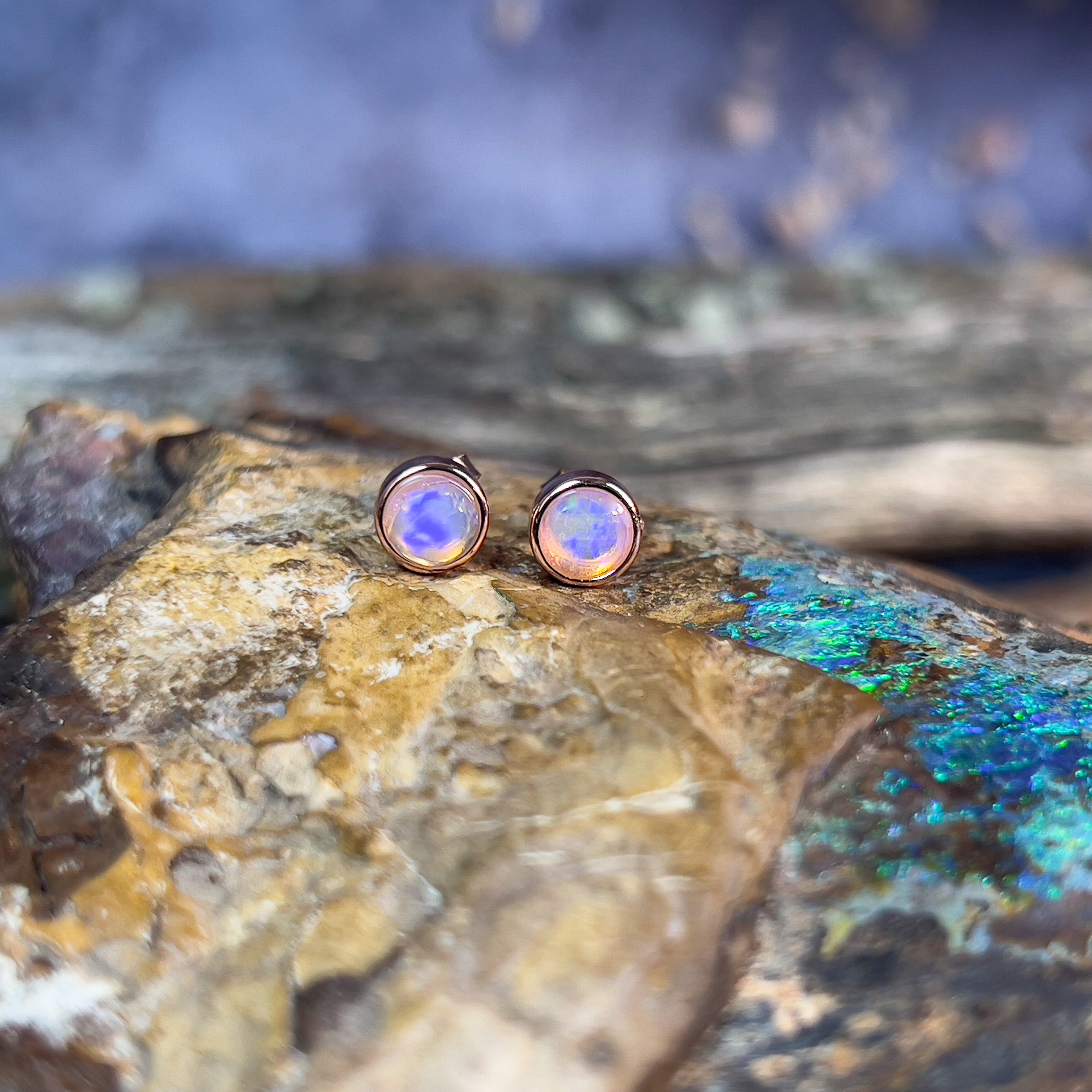 Silver Rose Gold plated 5mm Round Light Opal studs bezel set - Masterpiece Jewellery Opal & Gems Sydney Australia | Online Shop