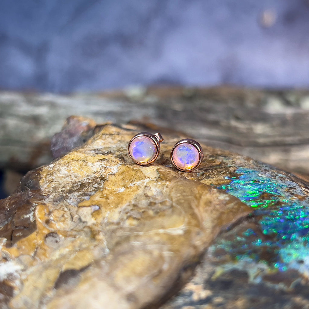 Silver Rose Gold plated 5mm Round Light Opal studs bezel set - Masterpiece Jewellery Opal & Gems Sydney Australia | Online Shop
