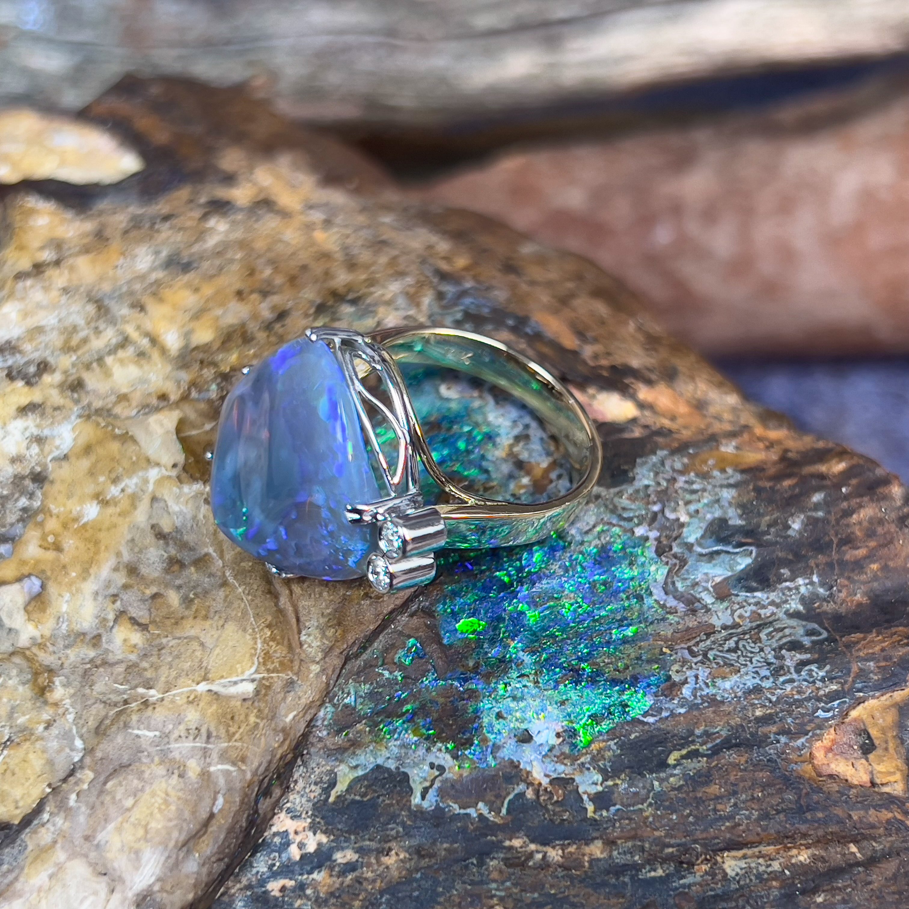 14kt White and Yellow Gold Black Opal 8.89ct and Diamond ring 0.08ct - Masterpiece Jewellery Opal & Gems Sydney Australia | Online Shop