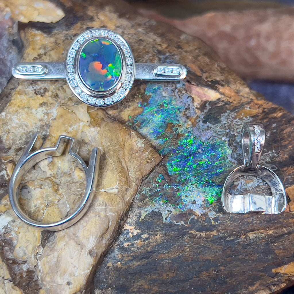 18kt White Gold multi piece Black Opal diamond ring, pendant and brooch piece - Masterpiece Jewellery Opal & Gems Sydney Australia | Online Shop