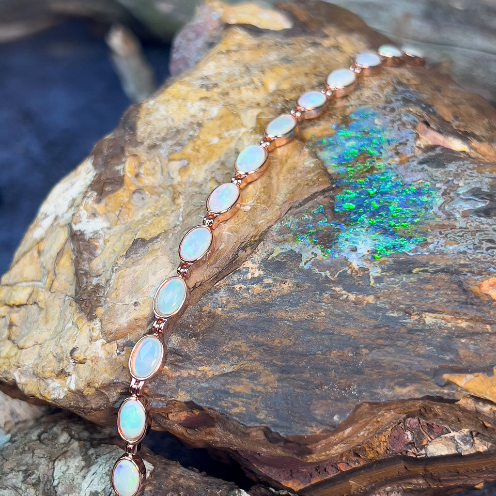 Sterling Silver Rose Gold plated 6x4mm White Opal bezel set bracelet - Masterpiece Jewellery Opal & Gems Sydney Australia | Online Shop