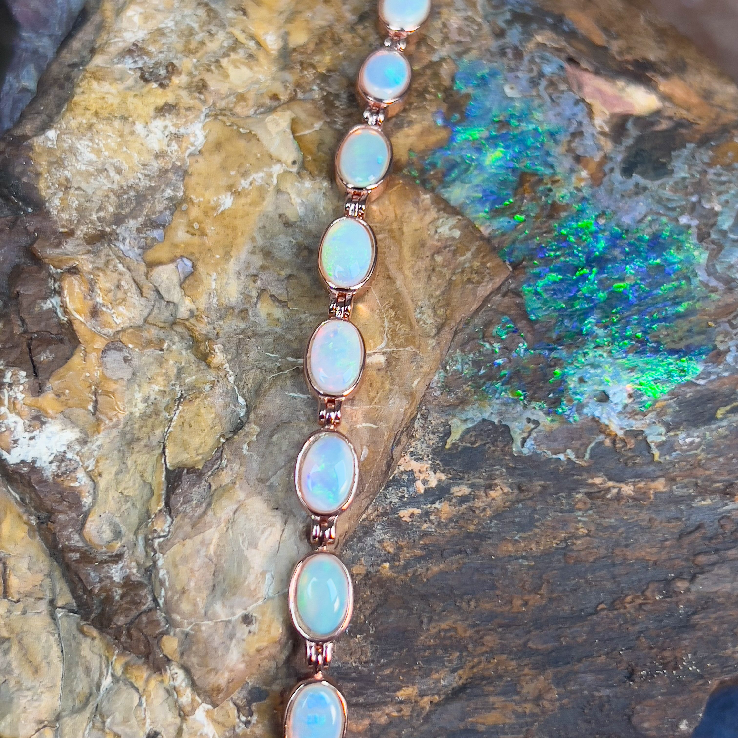 Sterling Silver Rose Gold plated 6x4mm White Opal bezel set bracelet - Masterpiece Jewellery Opal & Gems Sydney Australia | Online Shop