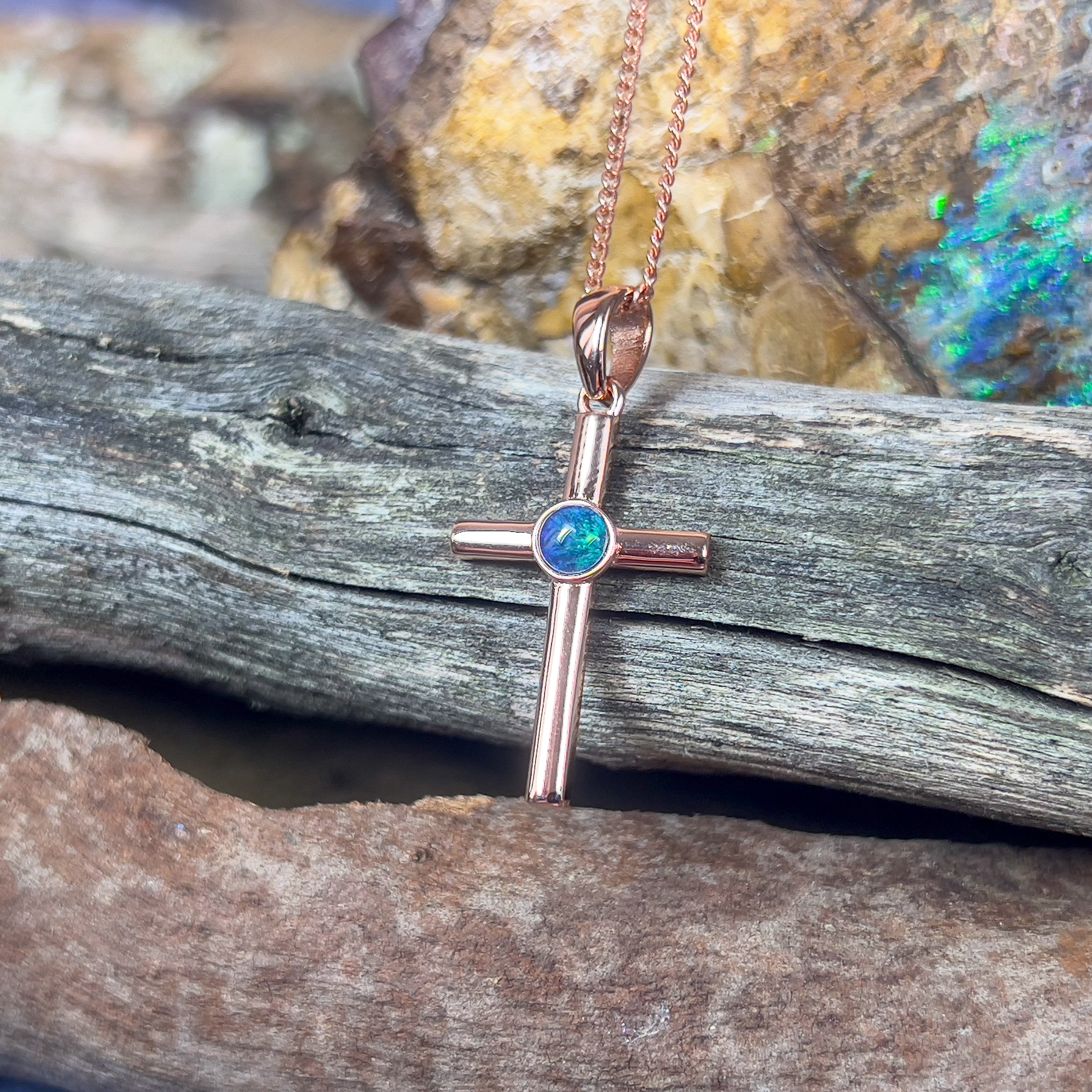 Silver Rose Gold plated 5mm Opal triplet cross pendant - Masterpiece Jewellery Opal & Gems Sydney Australia | Online Shop