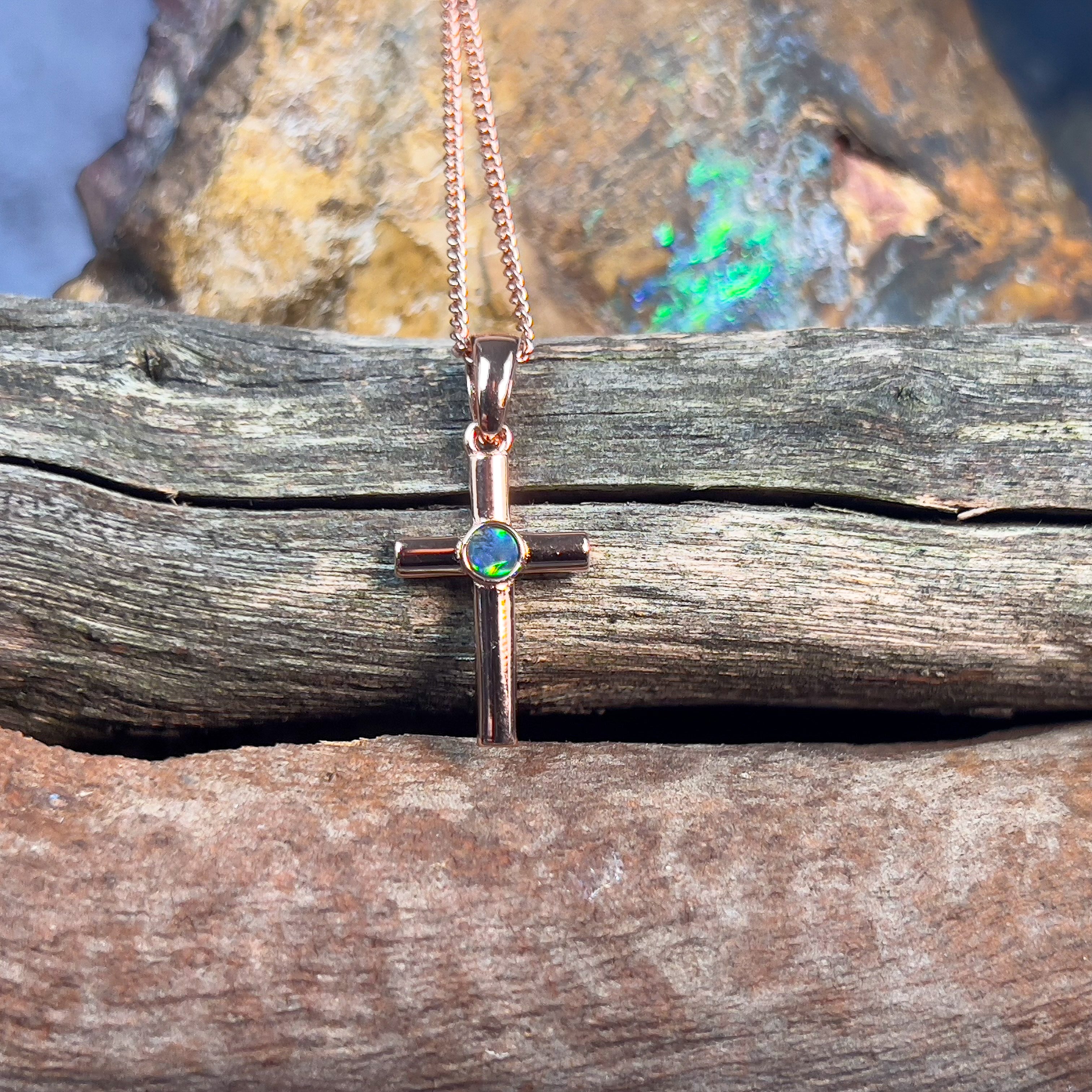 Sterling silver plated with Rose Gold Opal triplet 3mm cross - Masterpiece Jewellery Opal & Gems Sydney Australia | Online Shop