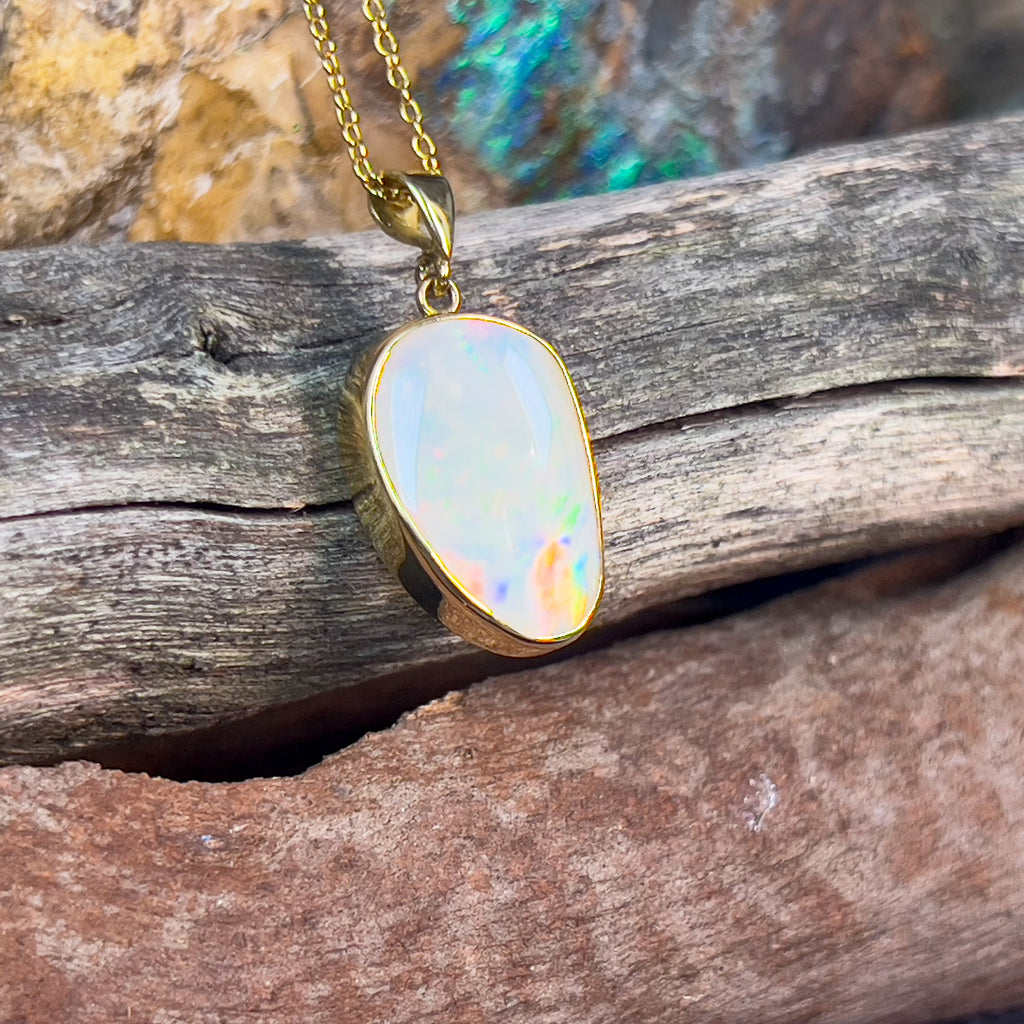 18kt Yellow Gold Freeform shape White Opal 4.88ct pendant - Masterpiece Jewellery Opal & Gems Sydney Australia | Online Shop