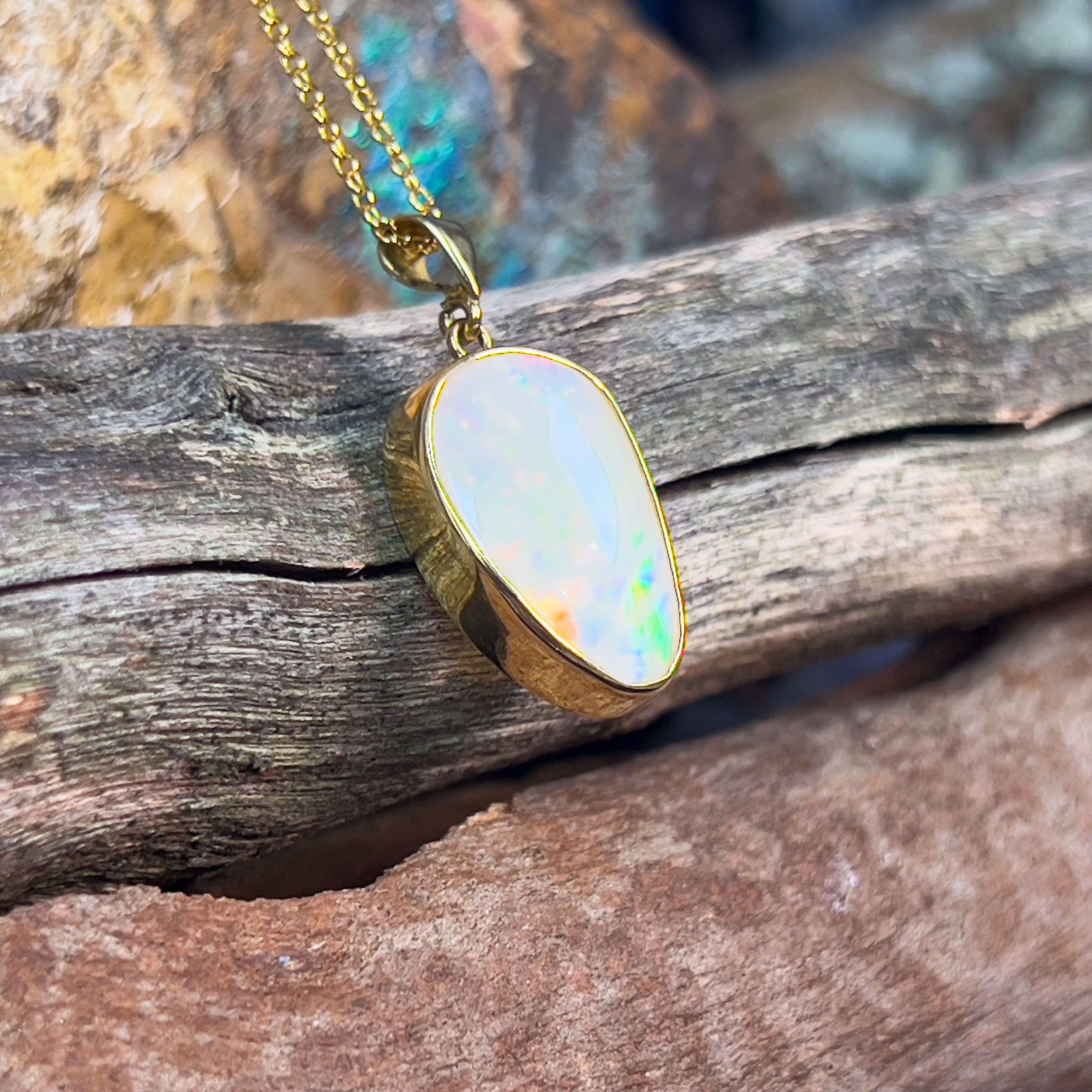 18kt Yellow Gold Freeform shape White Opal 4.88ct pendant - Masterpiece Jewellery Opal & Gems Sydney Australia | Online Shop