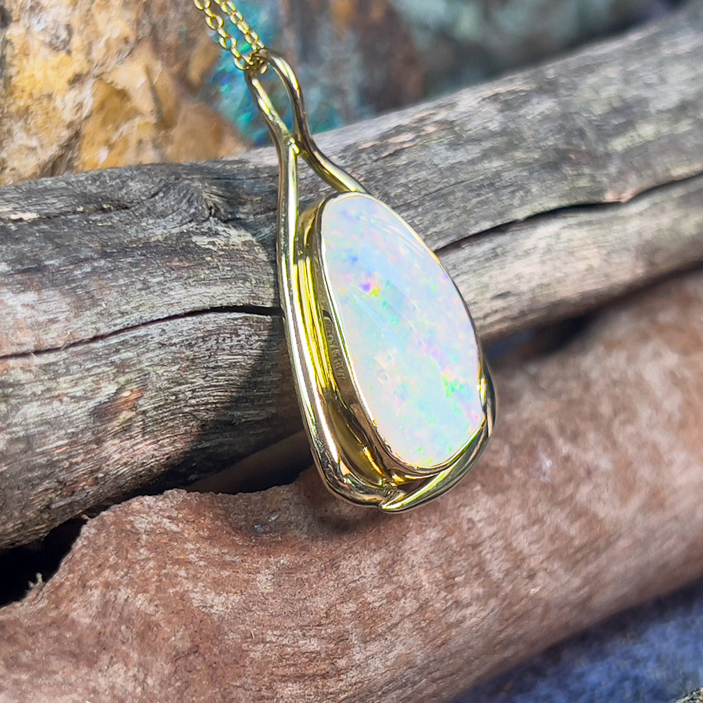 18kt Yellow Gold White Opal 10.24ct bezel set freeform pendant - Masterpiece Jewellery Opal & Gems Sydney Australia | Online Shop