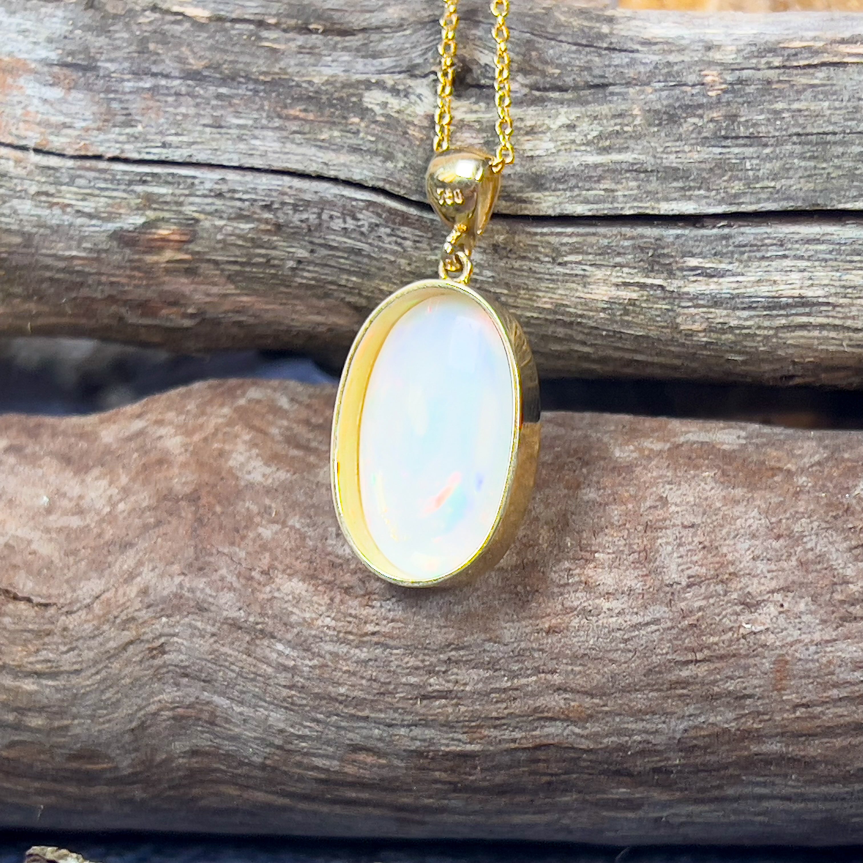 18kt Yellow Gold classic Oval White Opal 6.98ct bezel set pendant - Masterpiece Jewellery Opal & Gems Sydney Australia | Online Shop