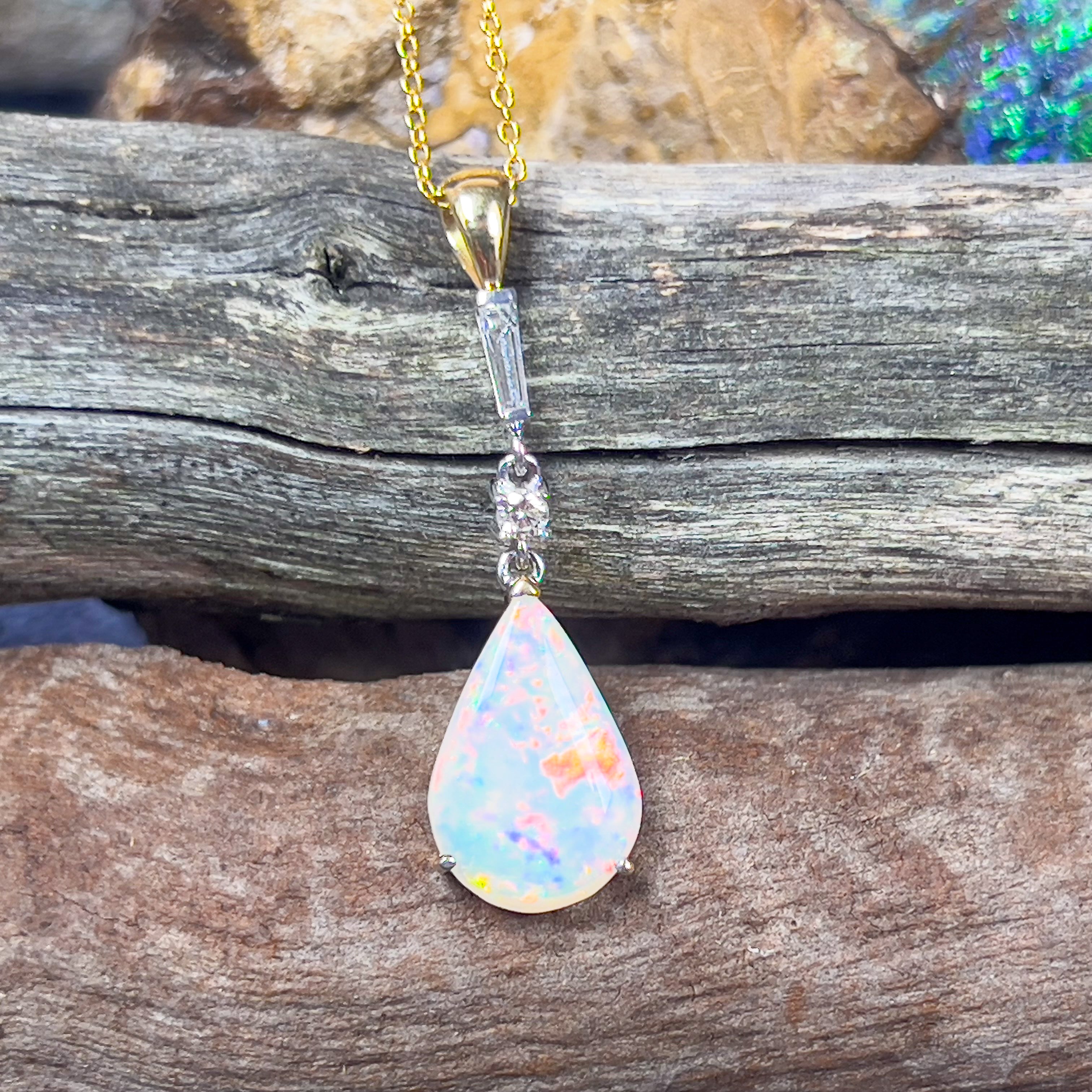 18kt Yellow and White Gold White Fire Opal pearshape 3.1ct and Diamond pendant dangling - Masterpiece Jewellery Opal & Gems Sydney Australia | Online Shop