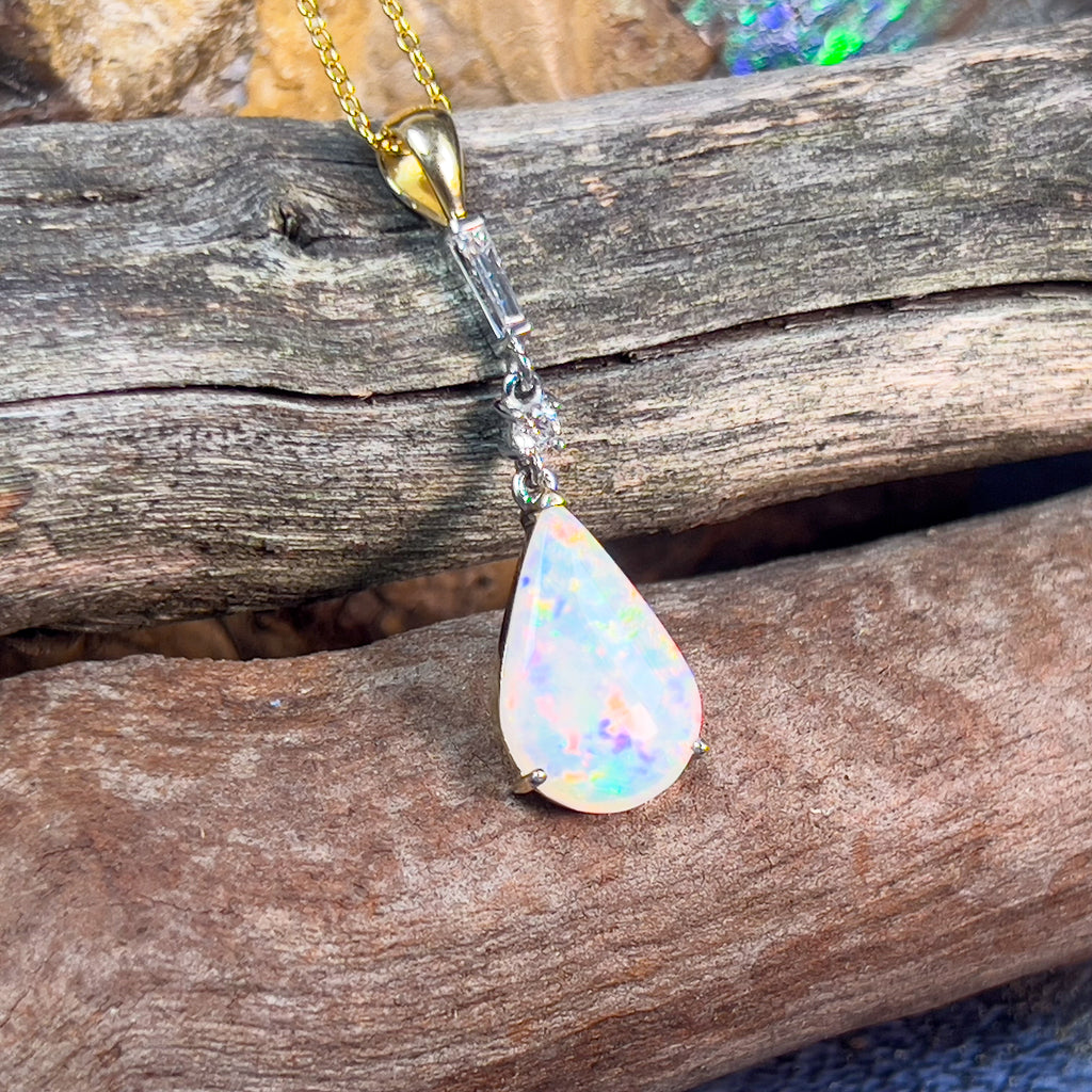 18kt Yellow and White Gold White Fire Opal pearshape 3.1ct and Diamond pendant dangling - Masterpiece Jewellery Opal & Gems Sydney Australia | Online Shop