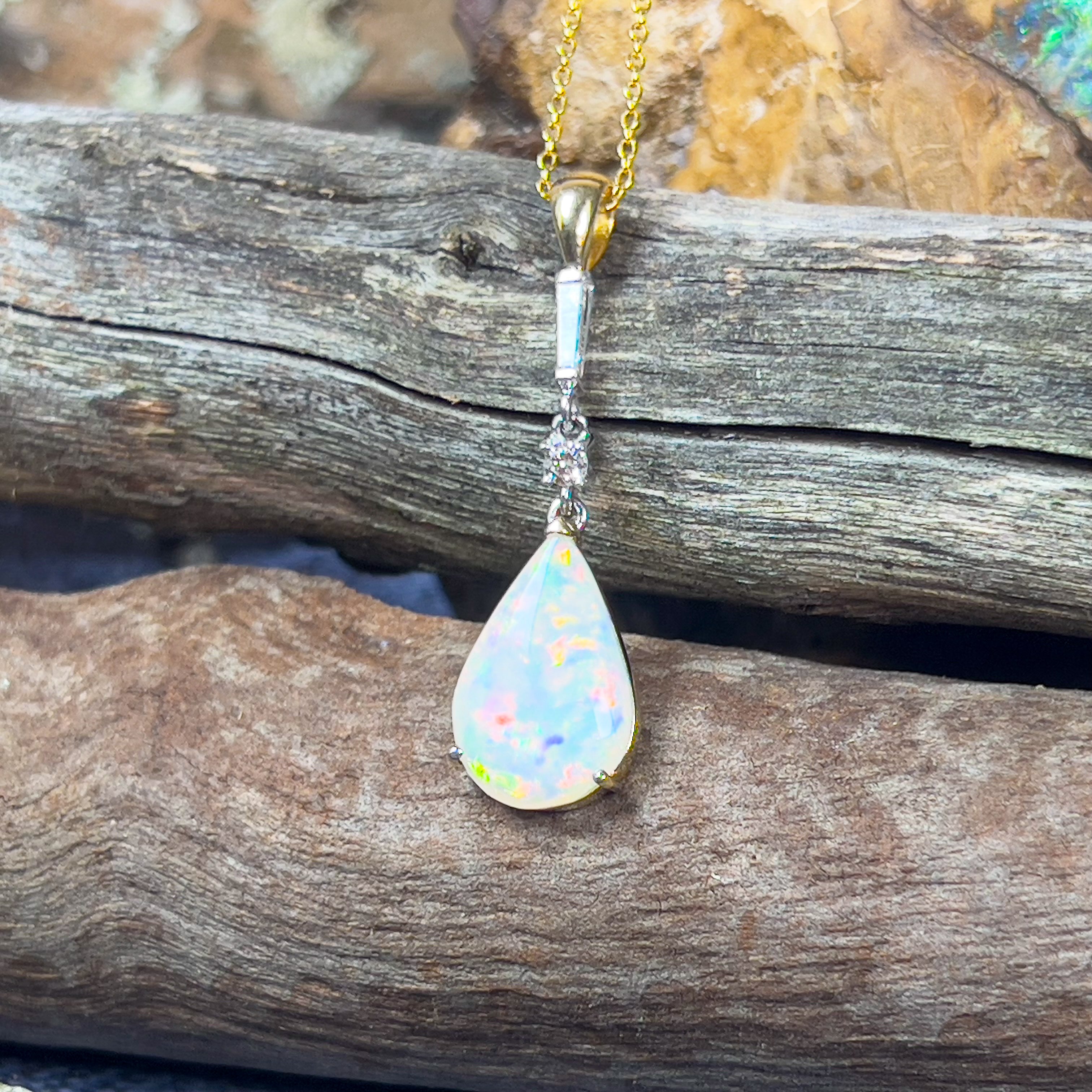 18kt Yellow and White Gold White Fire Opal pearshape 3.1ct and Diamond pendant dangling - Masterpiece Jewellery Opal & Gems Sydney Australia | Online Shop