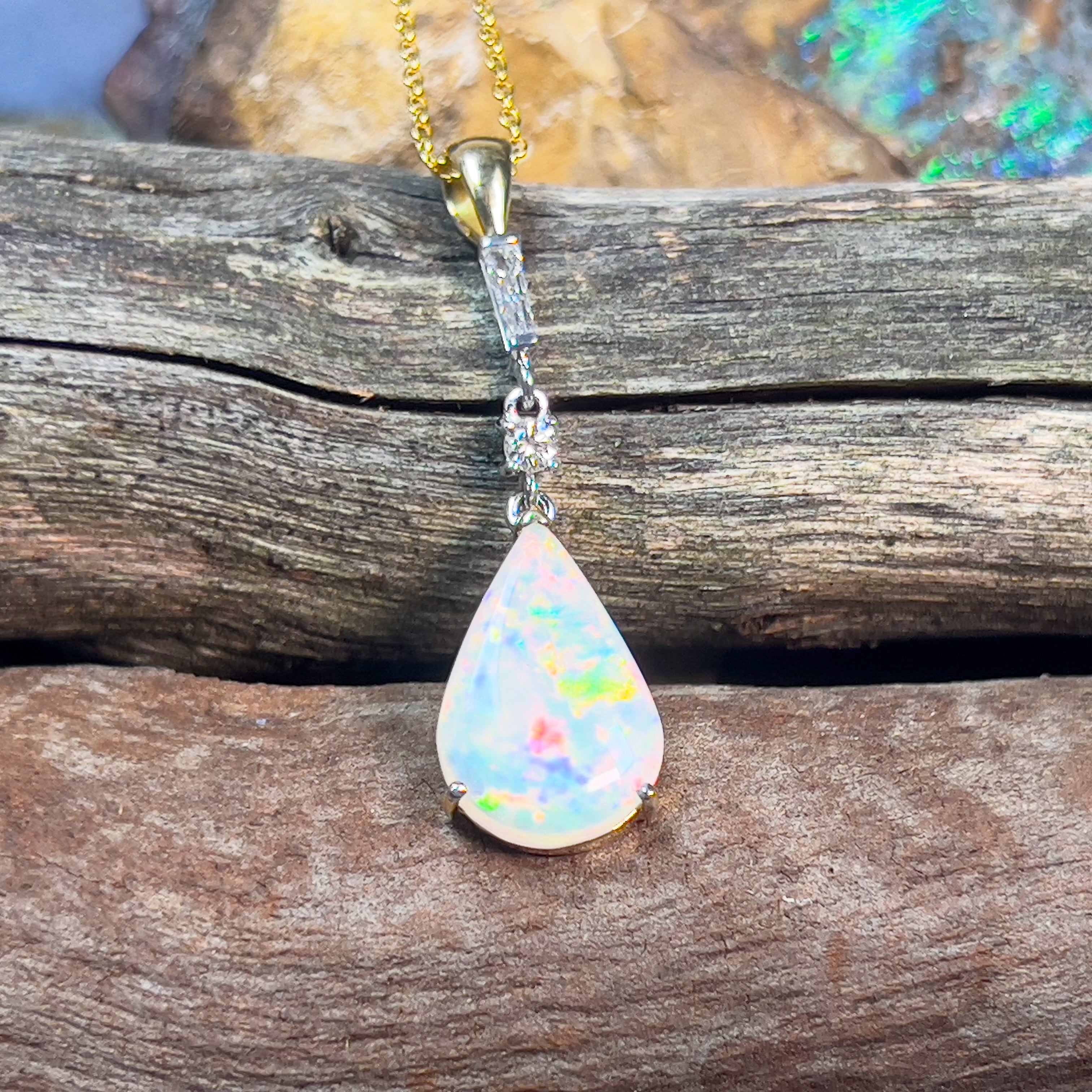 18kt Yellow and White Gold White Fire Opal pearshape 3.1ct and Diamond pendant dangling - Masterpiece Jewellery Opal & Gems Sydney Australia | Online Shop