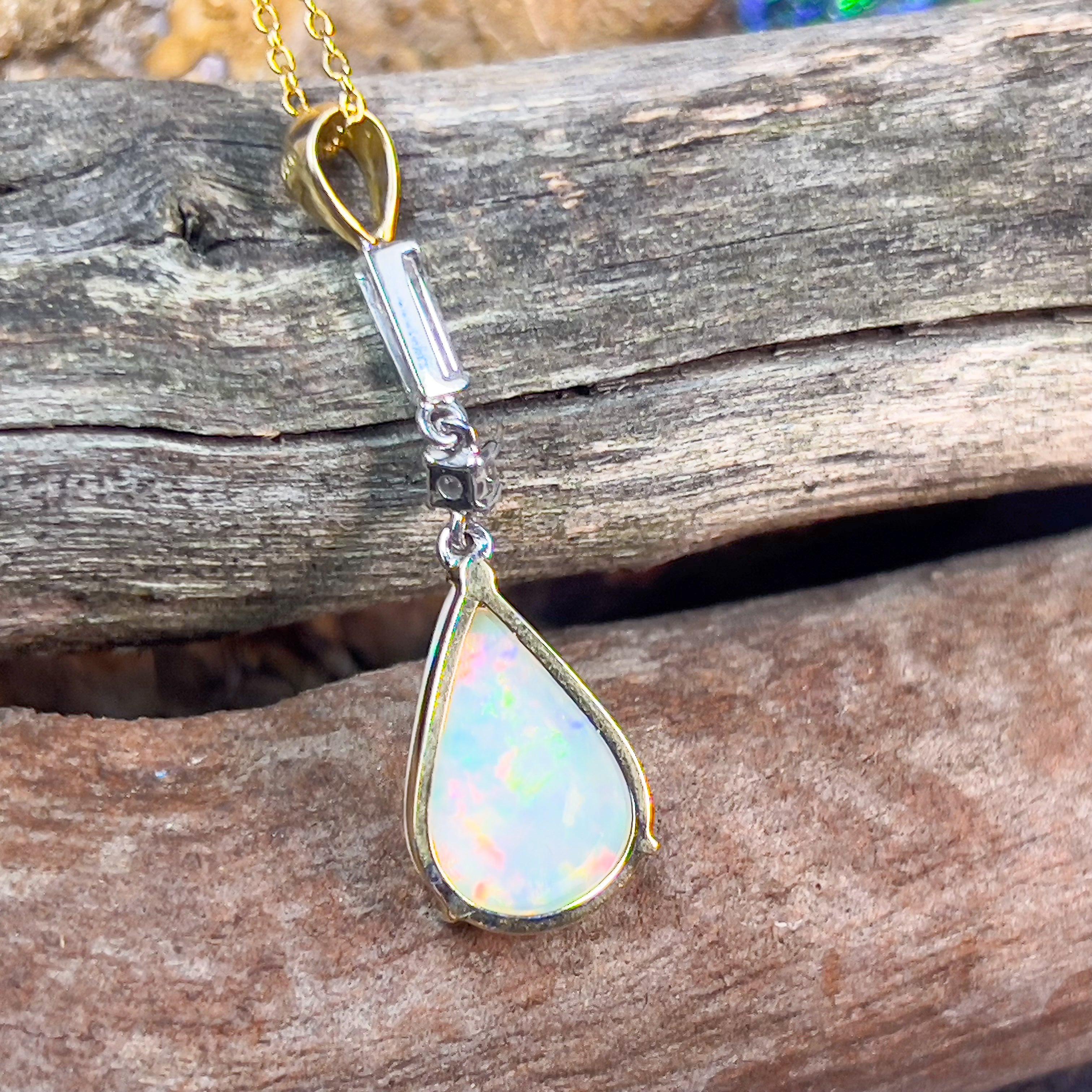 18kt Yellow and White Gold White Fire Opal pearshape 3.1ct and Diamond pendant dangling - Masterpiece Jewellery Opal & Gems Sydney Australia | Online Shop