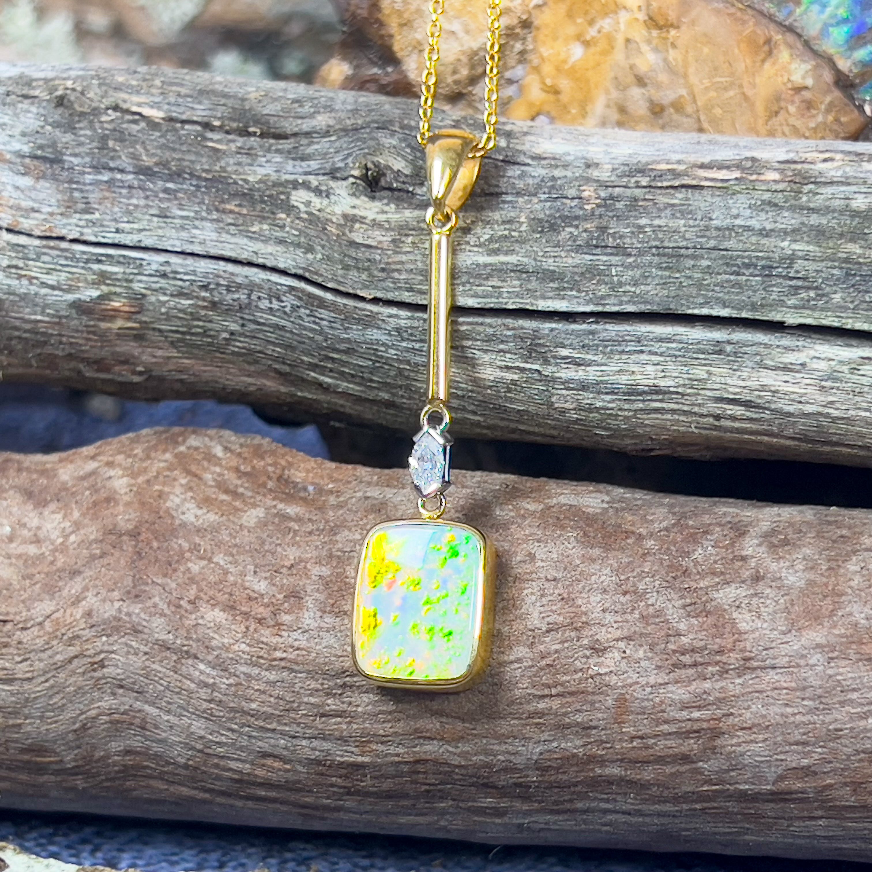 18kt Yellow Gold Rectangular Opal 2.1ct and Marquise diamond 0.06ct pendant - Masterpiece Jewellery Opal & Gems Sydney Australia | Online Shop