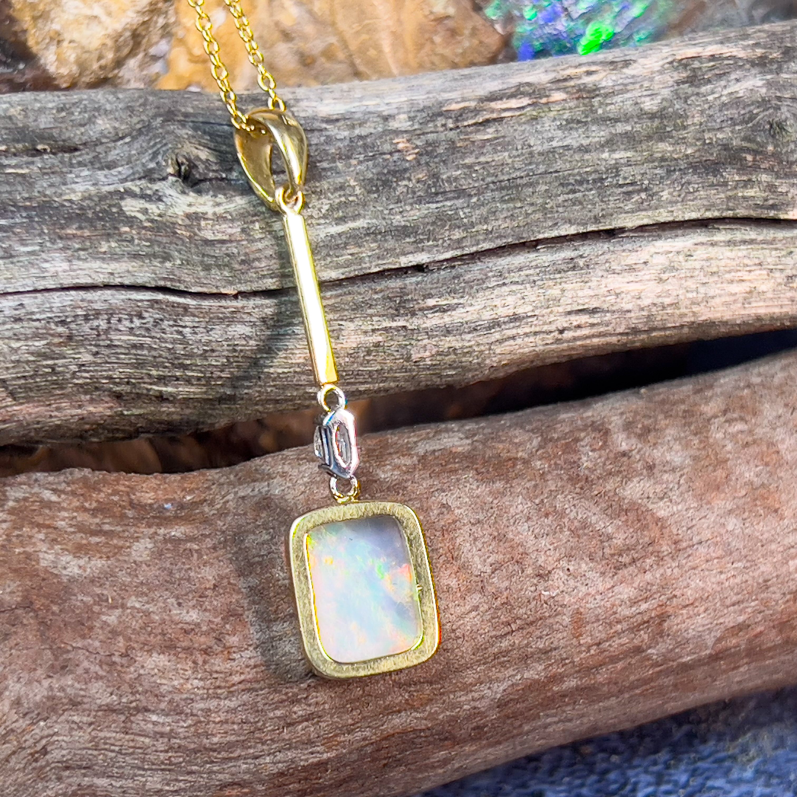 18kt Yellow Gold Rectangular Opal 2.1ct and Marquise diamond 0.06ct pendant - Masterpiece Jewellery Opal & Gems Sydney Australia | Online Shop
