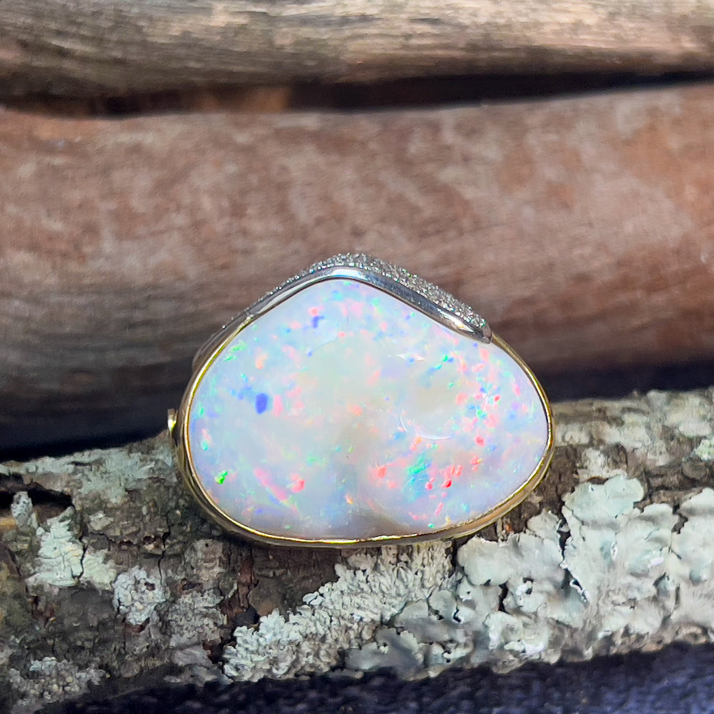18kt Yellow Gold Shell White Opal 34.79ct and Diamond pendant enhancer and Brooch - Masterpiece Jewellery Opal & Gems Sydney Australia | Online Shop