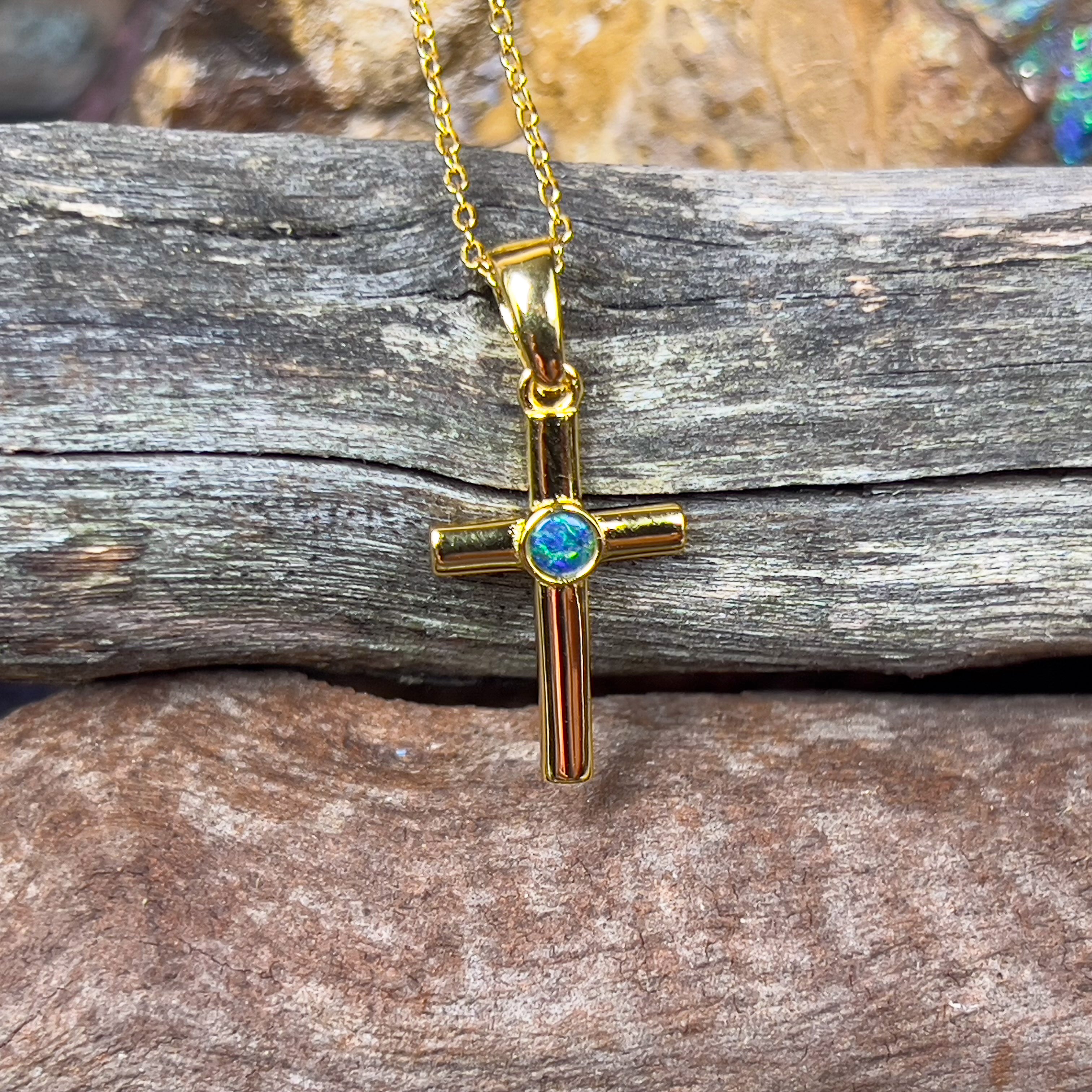 Small Silver Gold plated cross pendant with round 3mm Opal - Masterpiece Jewellery Opal & Gems Sydney Australia | Online Shop