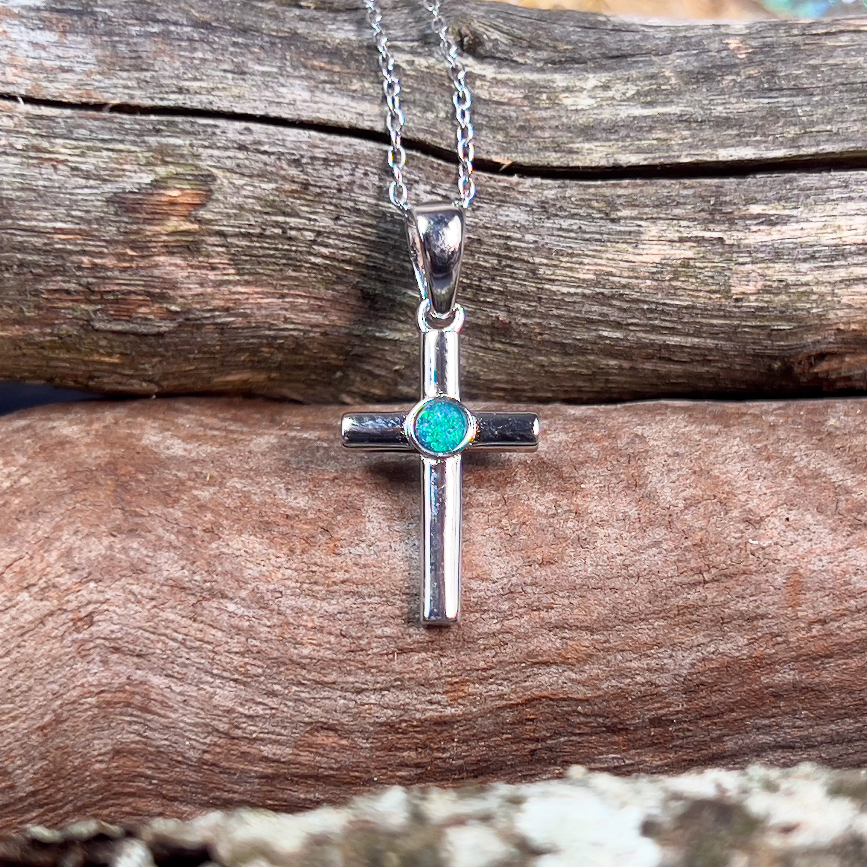 Sterling Silver small cross with 3mm round Opal triplet - Masterpiece Jewellery Opal & Gems Sydney Australia | Online Shop