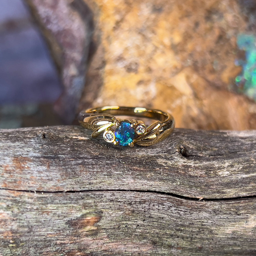 18kt Yellow Gold Black Opal 0.15 and Diamond ring - Masterpiece Jewellery Opal & Gems Sydney Australia | Online Shop