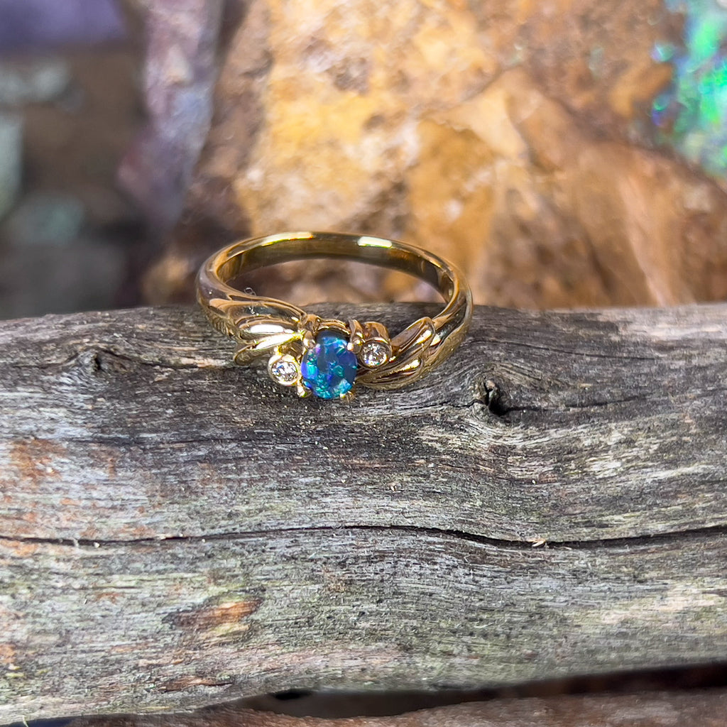18kt Yellow Gold Black Opal 0.15 and Diamond ring - Masterpiece Jewellery Opal & Gems Sydney Australia | Online Shop