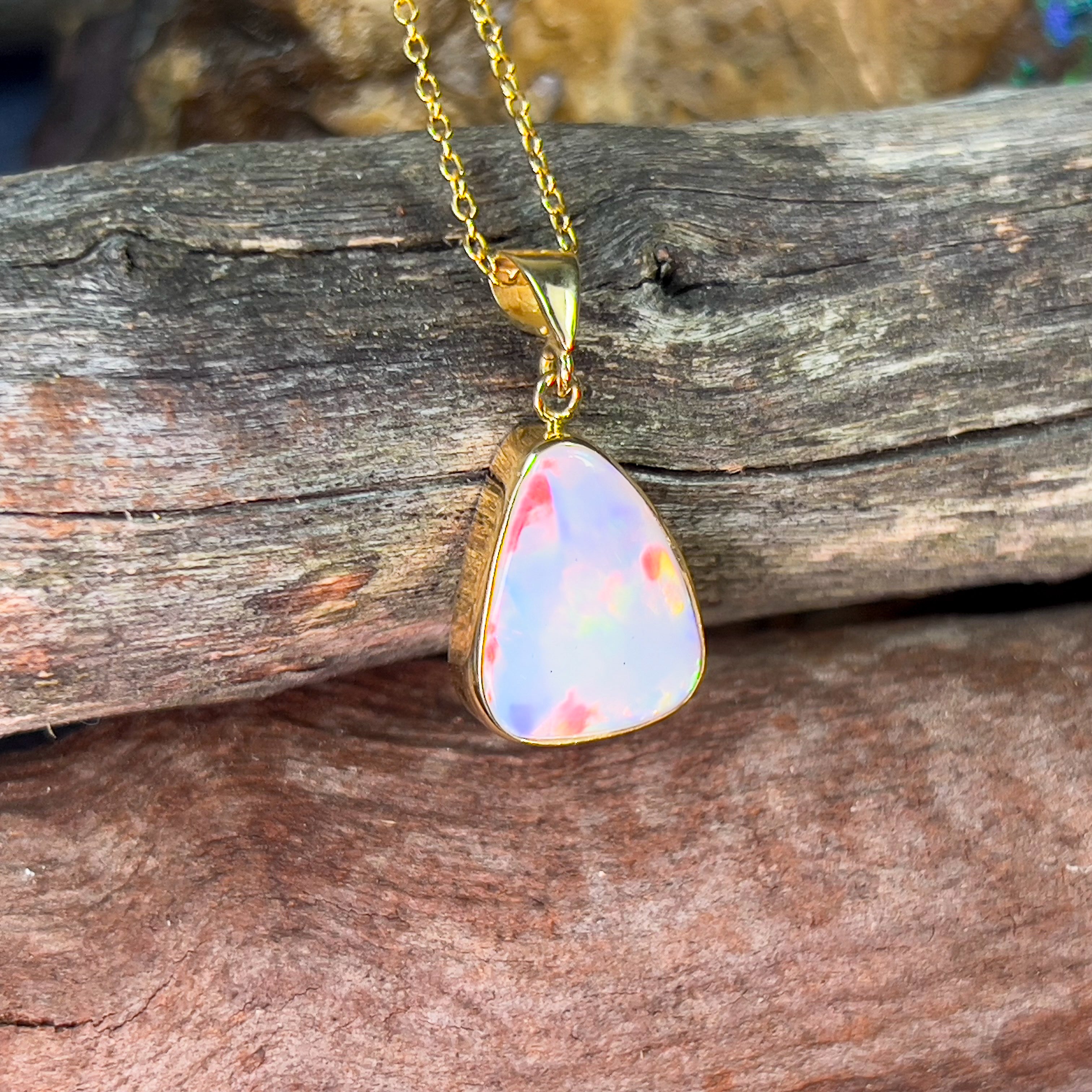 18kt Yellow Gold triangular shape White Opal 2.63ct bezel set pendant - Masterpiece Jewellery Opal & Gems Sydney Australia | Online Shop