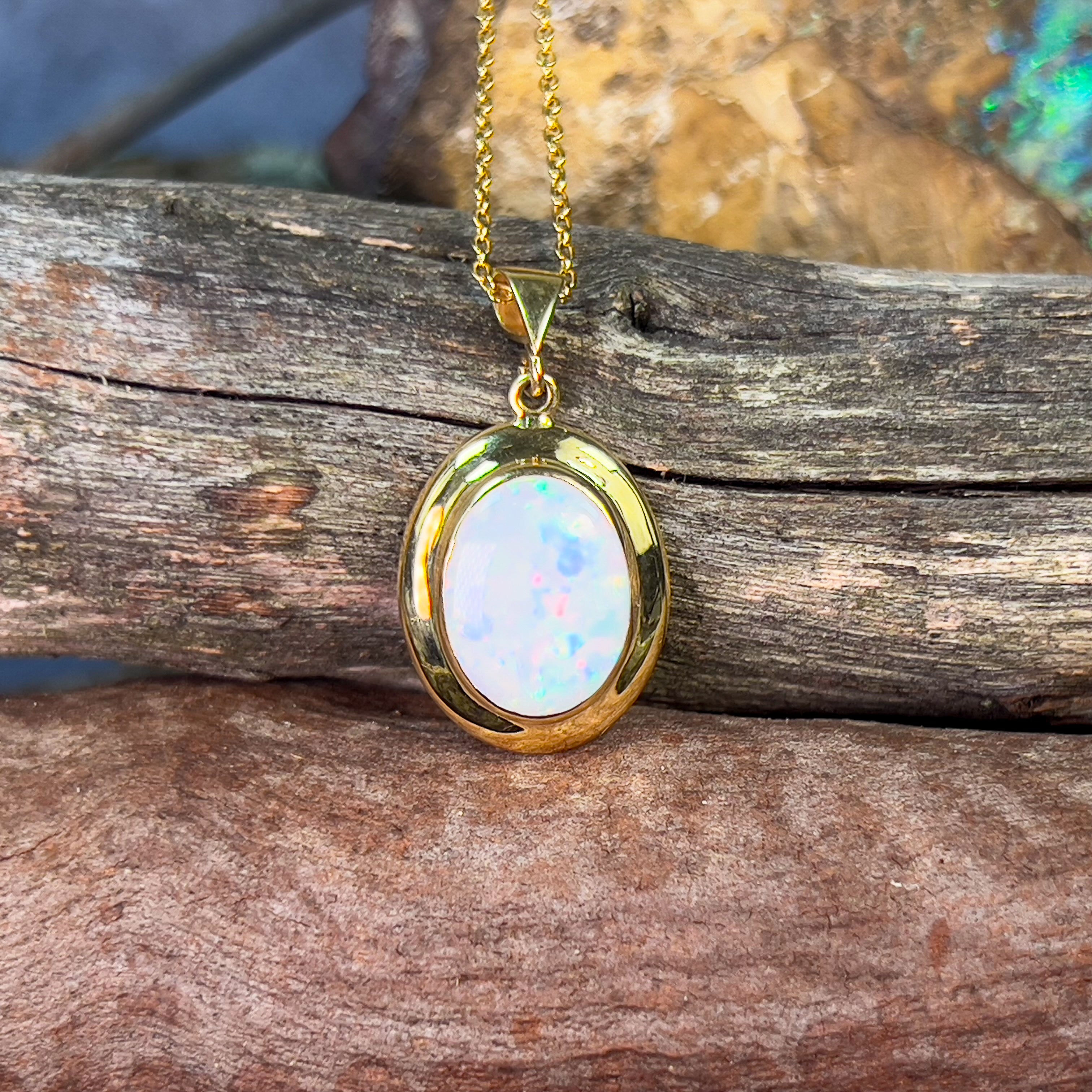 18kt Yellow Gold bezel set oval white opal 2.2ct pendant - Masterpiece Jewellery Opal & Gems Sydney Australia | Online Shop