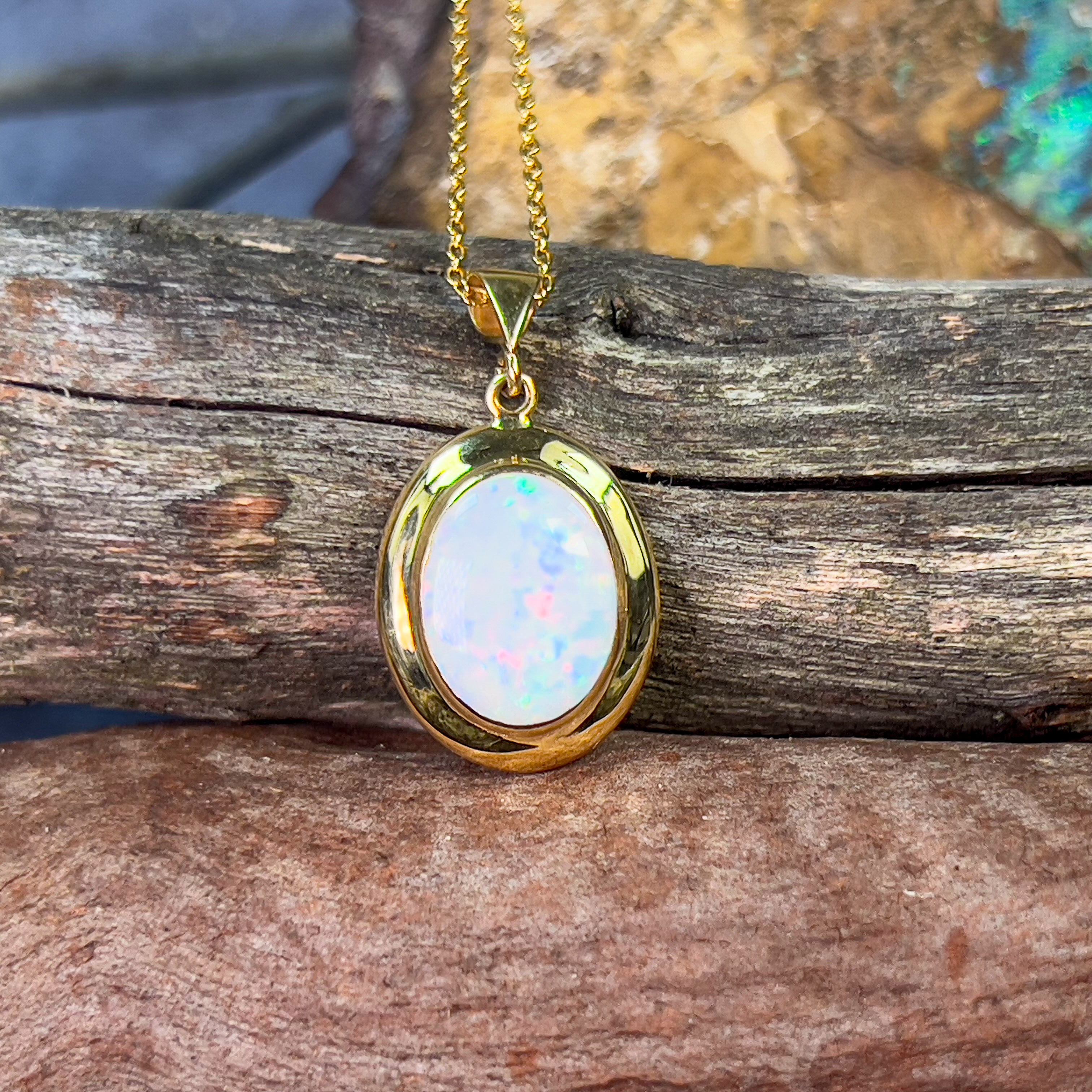 18kt Yellow Gold bezel set oval white opal 2.2ct pendant - Masterpiece Jewellery Opal & Gems Sydney Australia | Online Shop