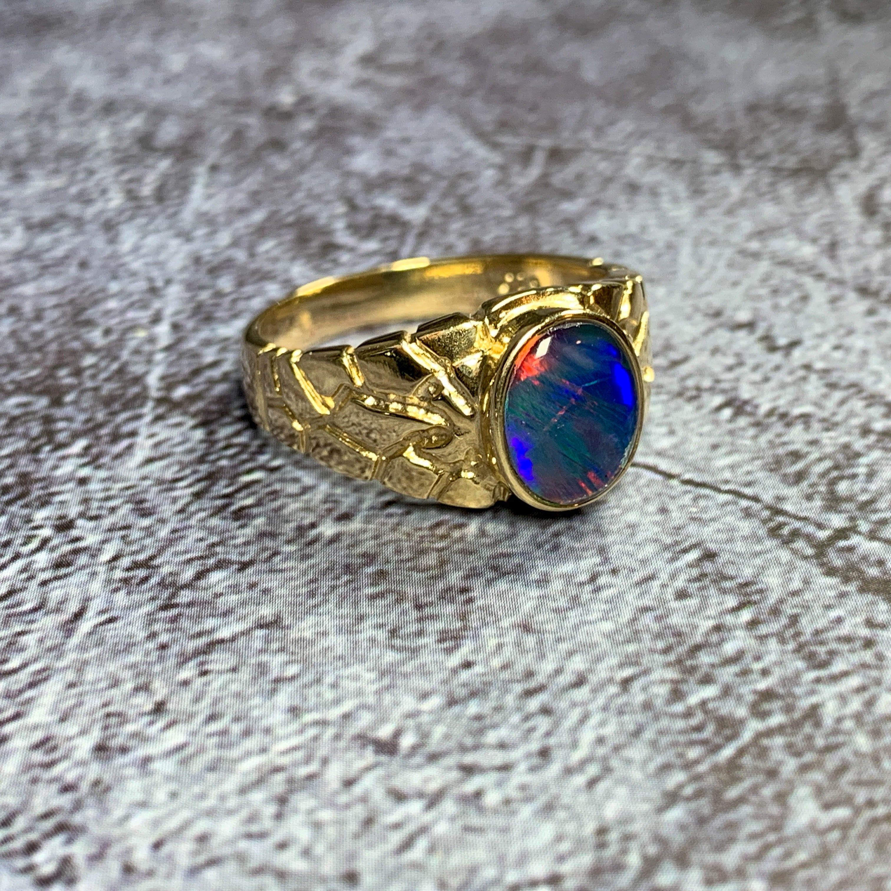 One 9kt Yellow Gold signet pattern ring set with one 10x8mm Opal triplet - Masterpiece Jewellery Opal & Gems Sydney Australia | Online Shop