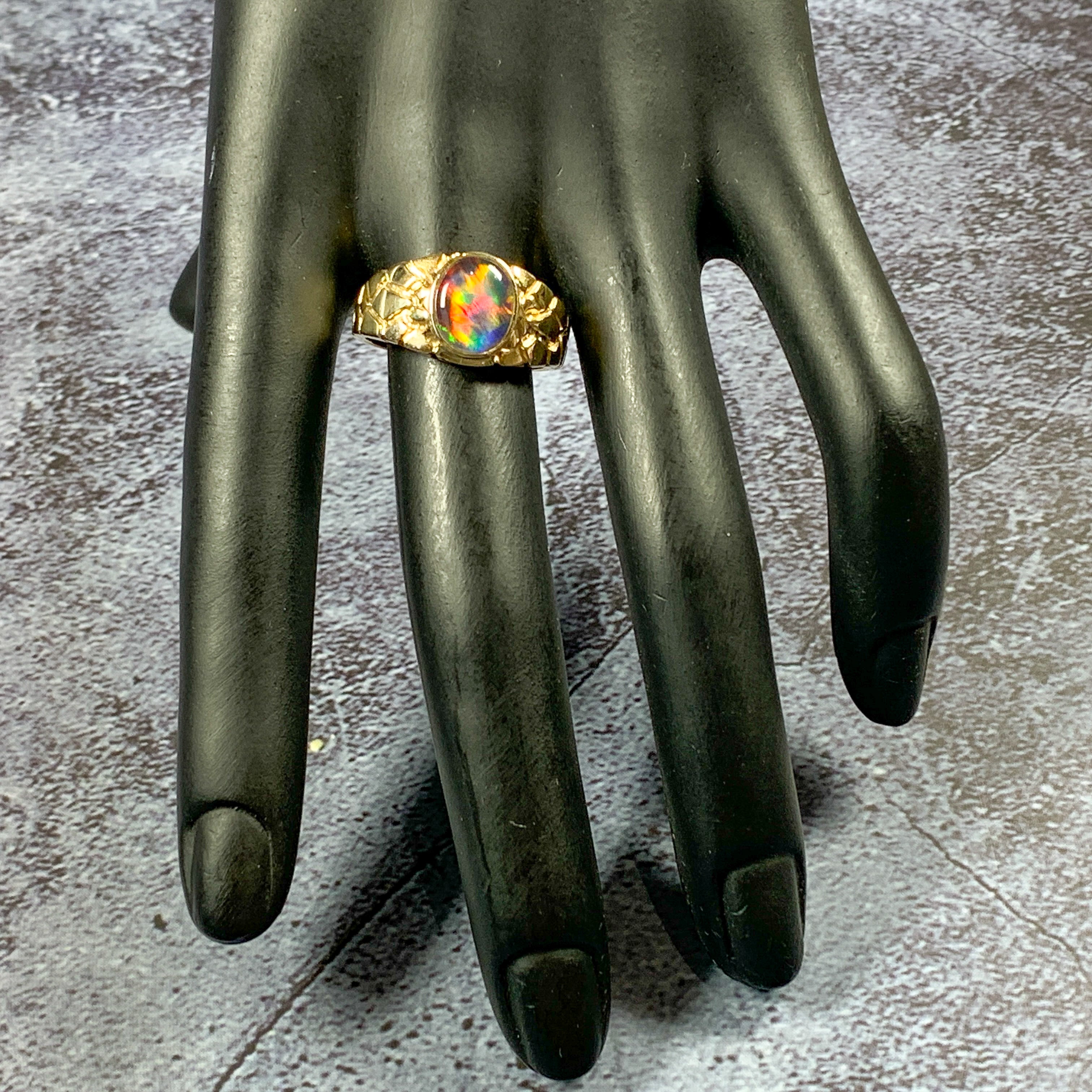One 9kt Yellow Gold signet pattern ring set with one 10x8mm Opal triplet - Masterpiece Jewellery Opal & Gems Sydney Australia | Online Shop